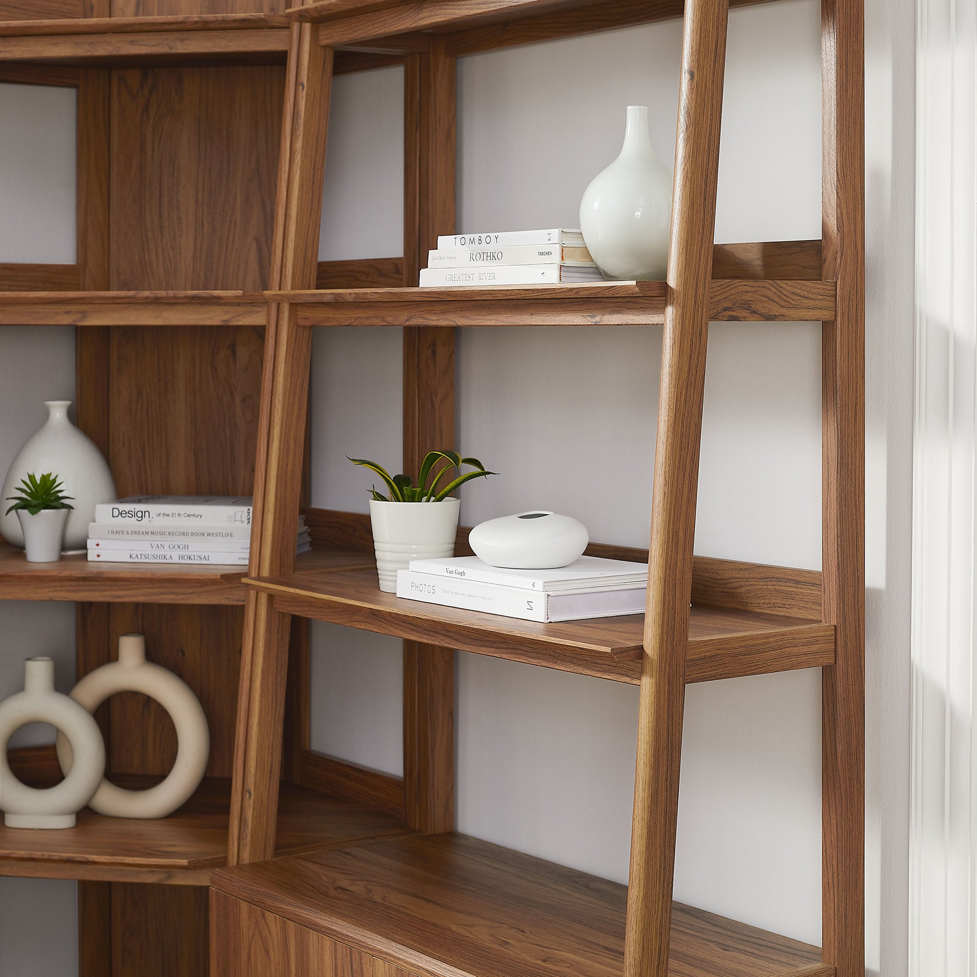 Bixby 3 Piece Corner Bookshelf Set With Wide and Narrow Bookshelves, Walnut