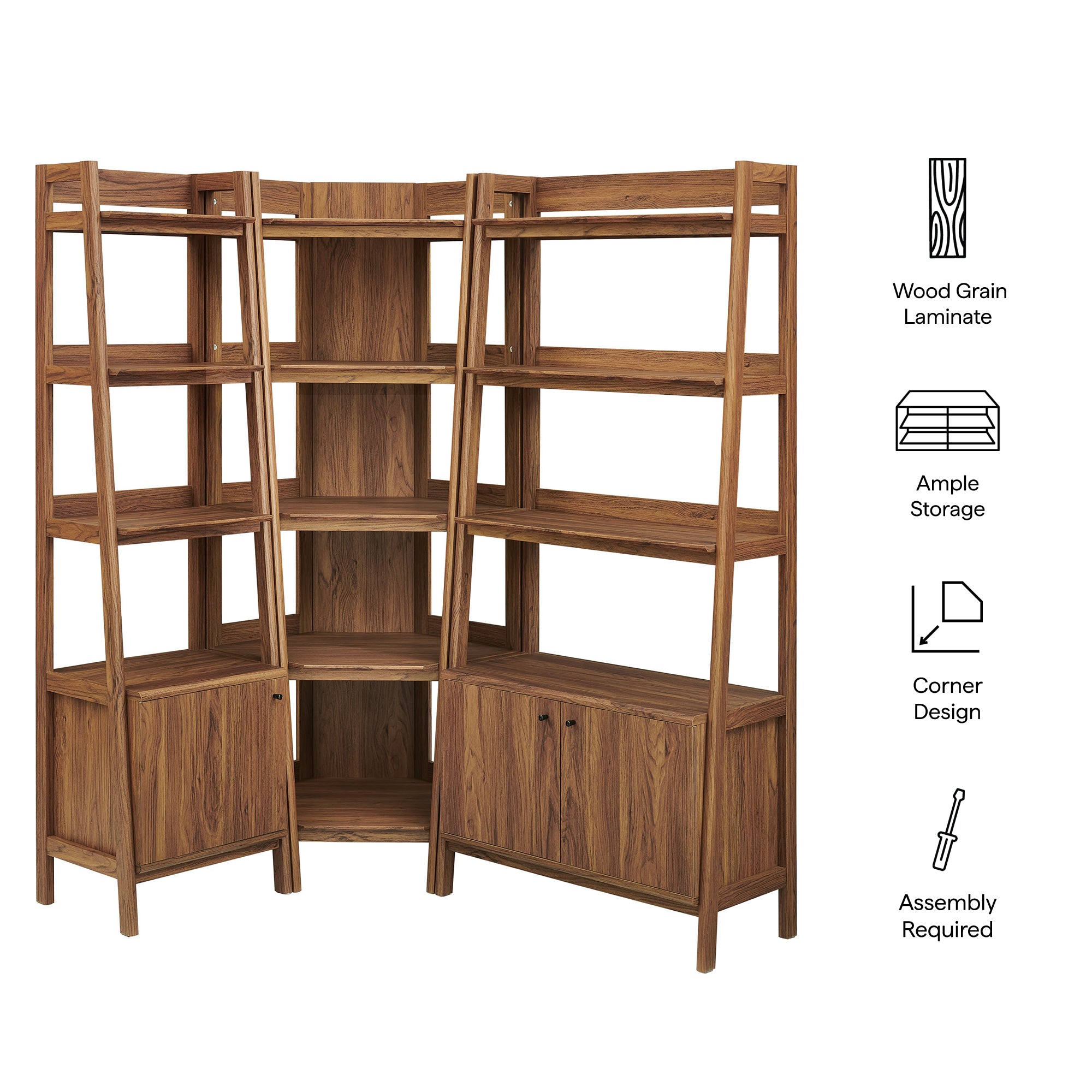 Bixby 3 Piece Corner Bookshelf Set With Wide and Narrow Bookshelves, Walnut