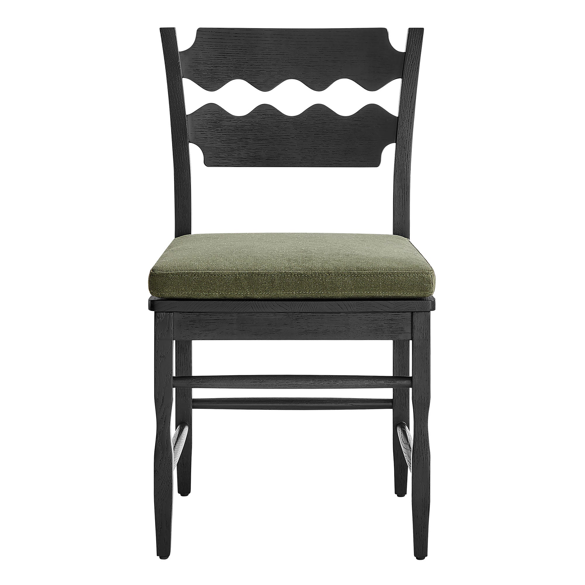 Jax Oak Wood Dining Chair With Wavy Razor Back and Cushion, Black Sage