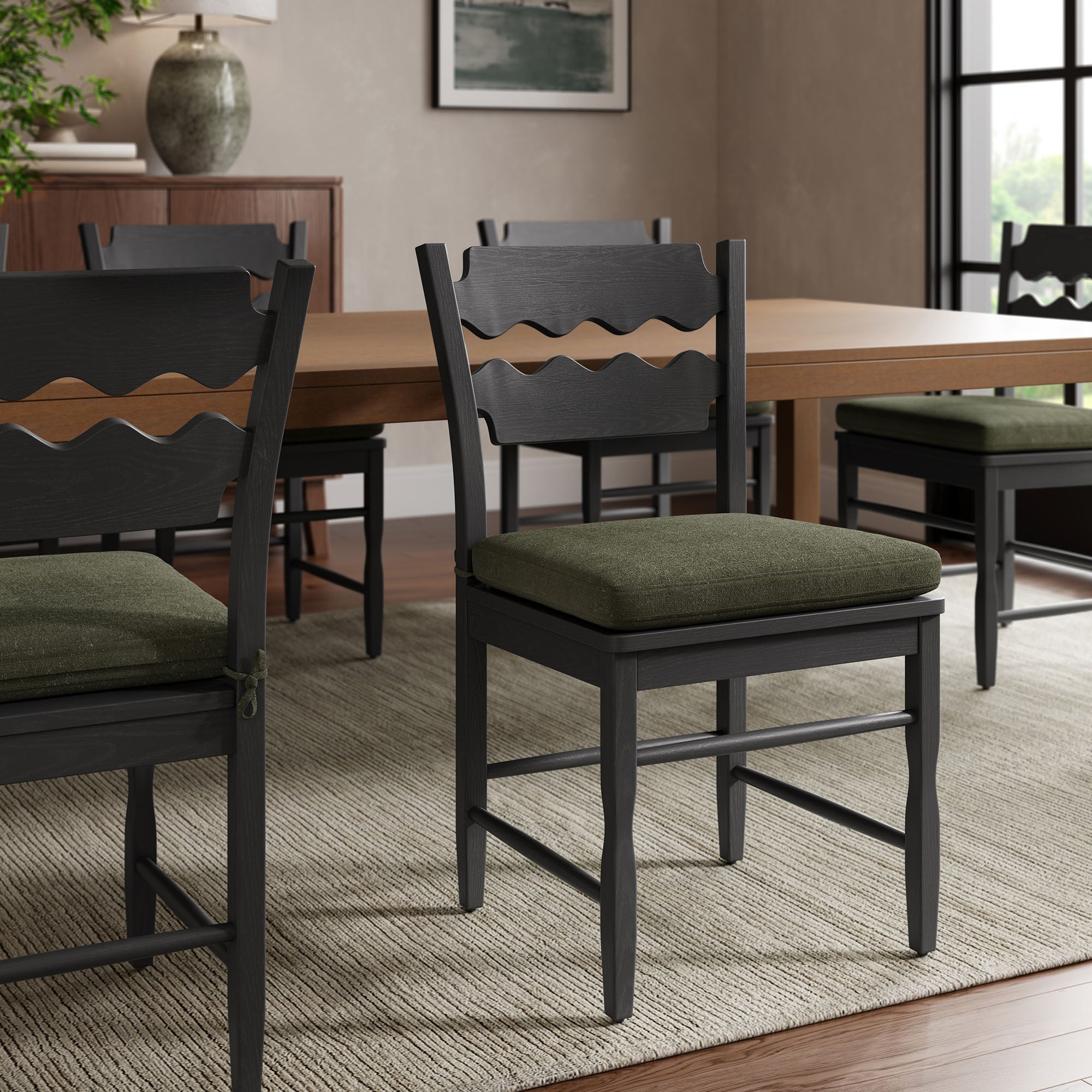 Jax Oak Wood Dining Chair With Wavy Razor Back and Cushion, Black Sage