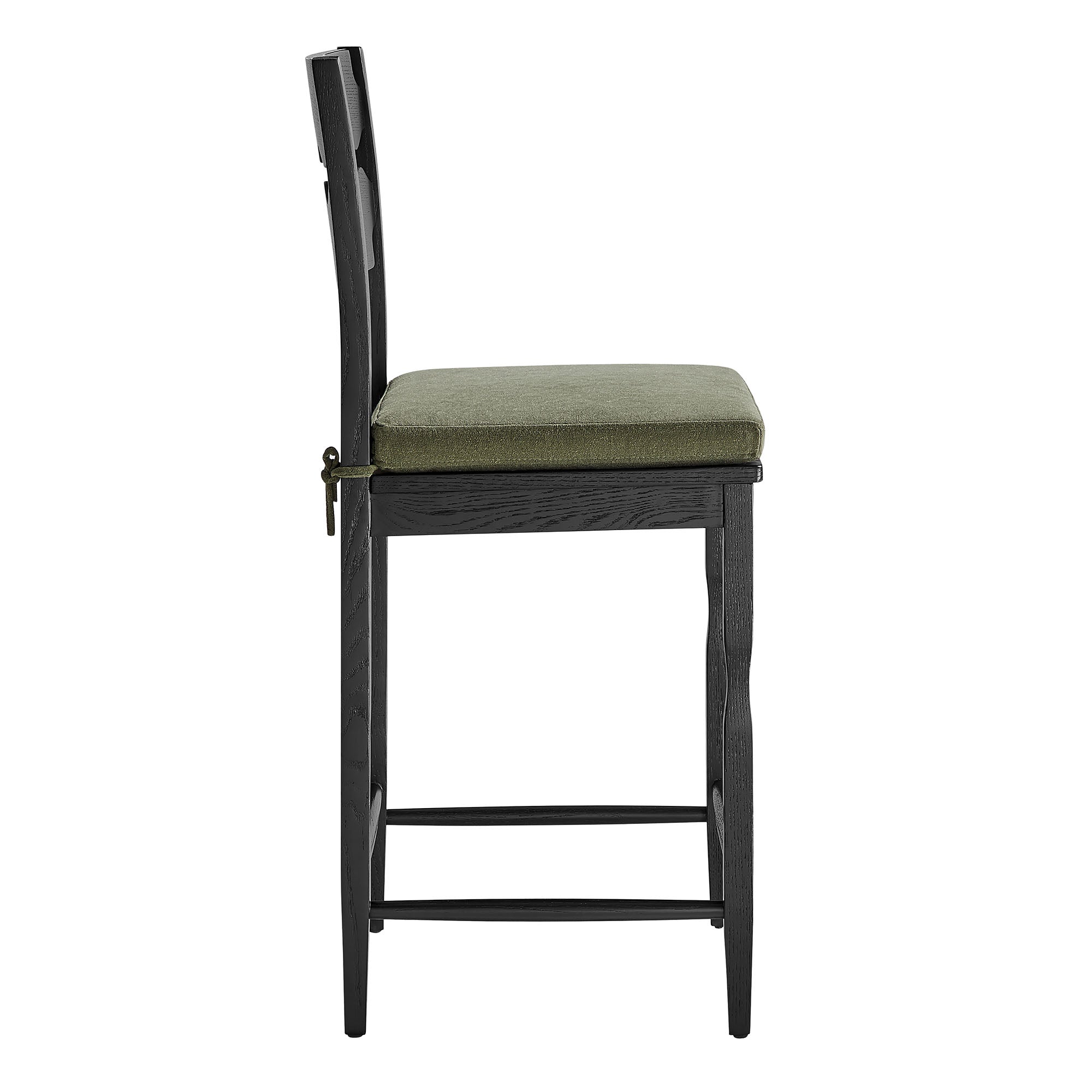 Jax Oak Wood Counter Stool With Wavy Razor Back and Cushion, Black Sage
