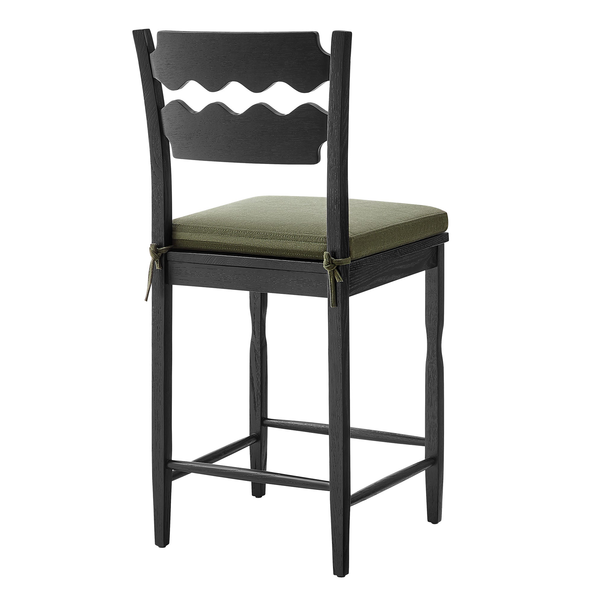Jax Oak Wood Counter Stool With Wavy Razor Back and Cushion, Black Sage
