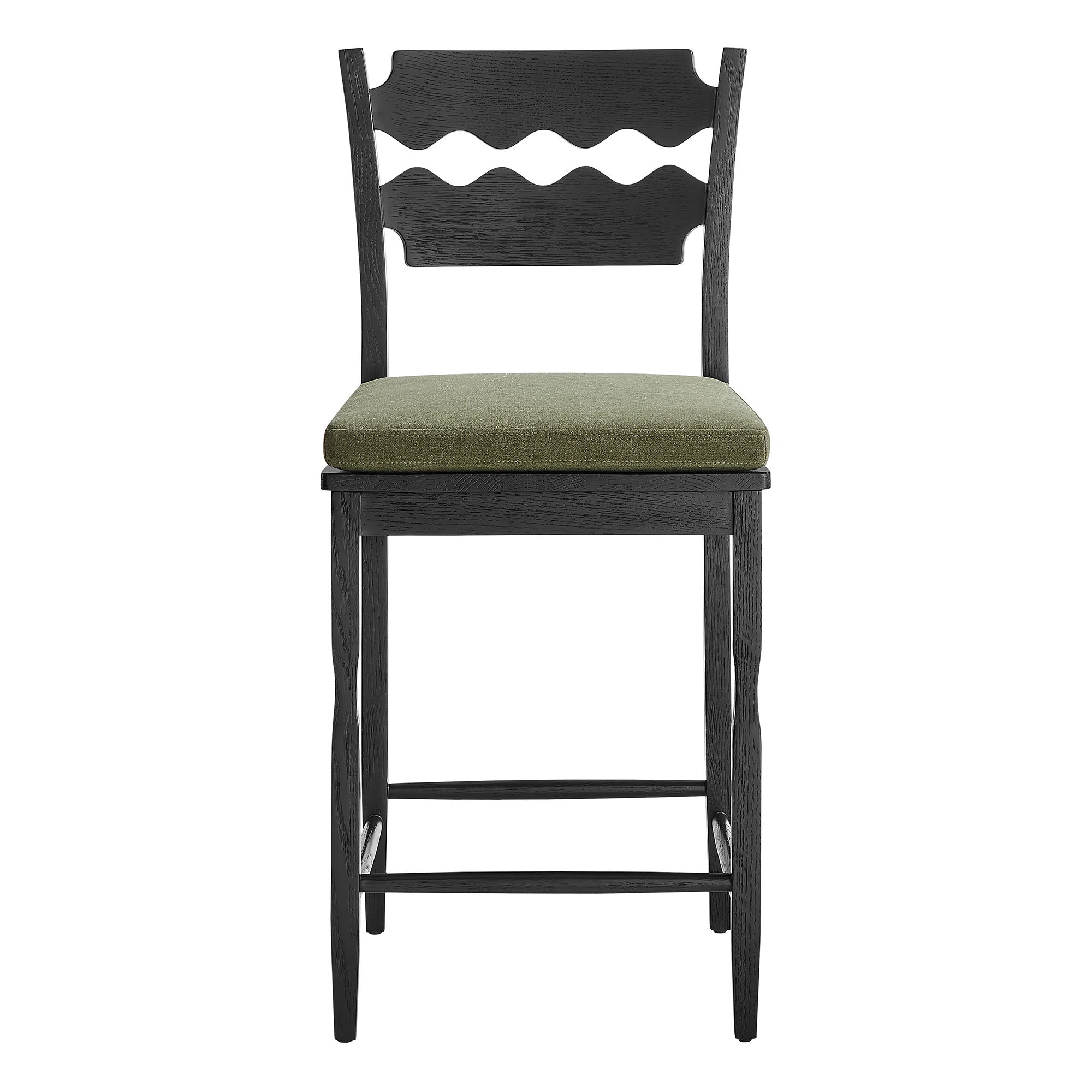 Jax Oak Wood Counter Stool With Wavy Razor Back and Cushion, Black Sage