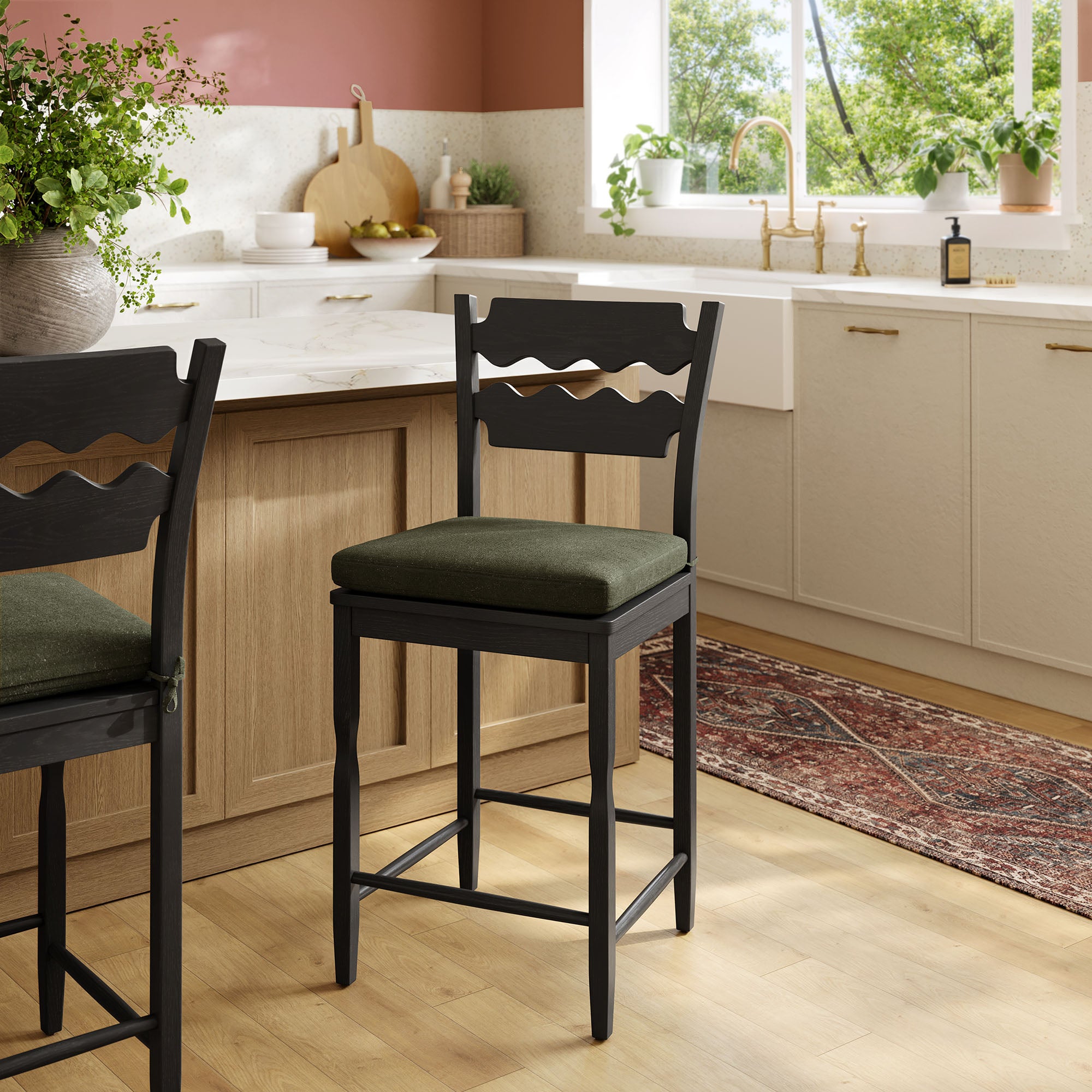 Jax Oak Wood Counter Stool With Wavy Razor Back and Cushion, Black Sage