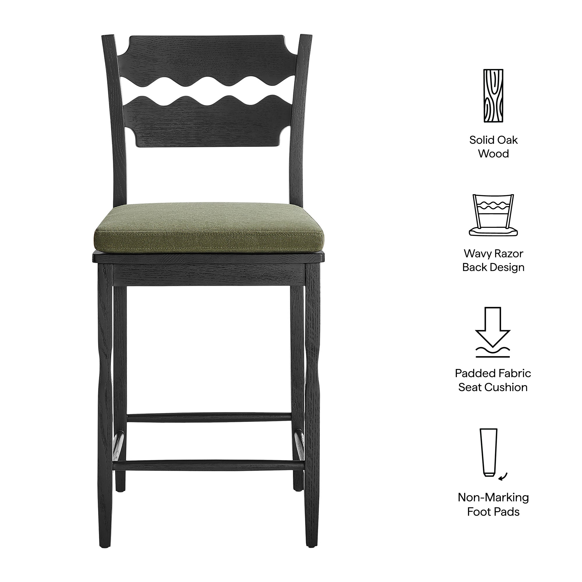 Jax Oak Wood Counter Stool With Wavy Razor Back and Cushion, Black Sage