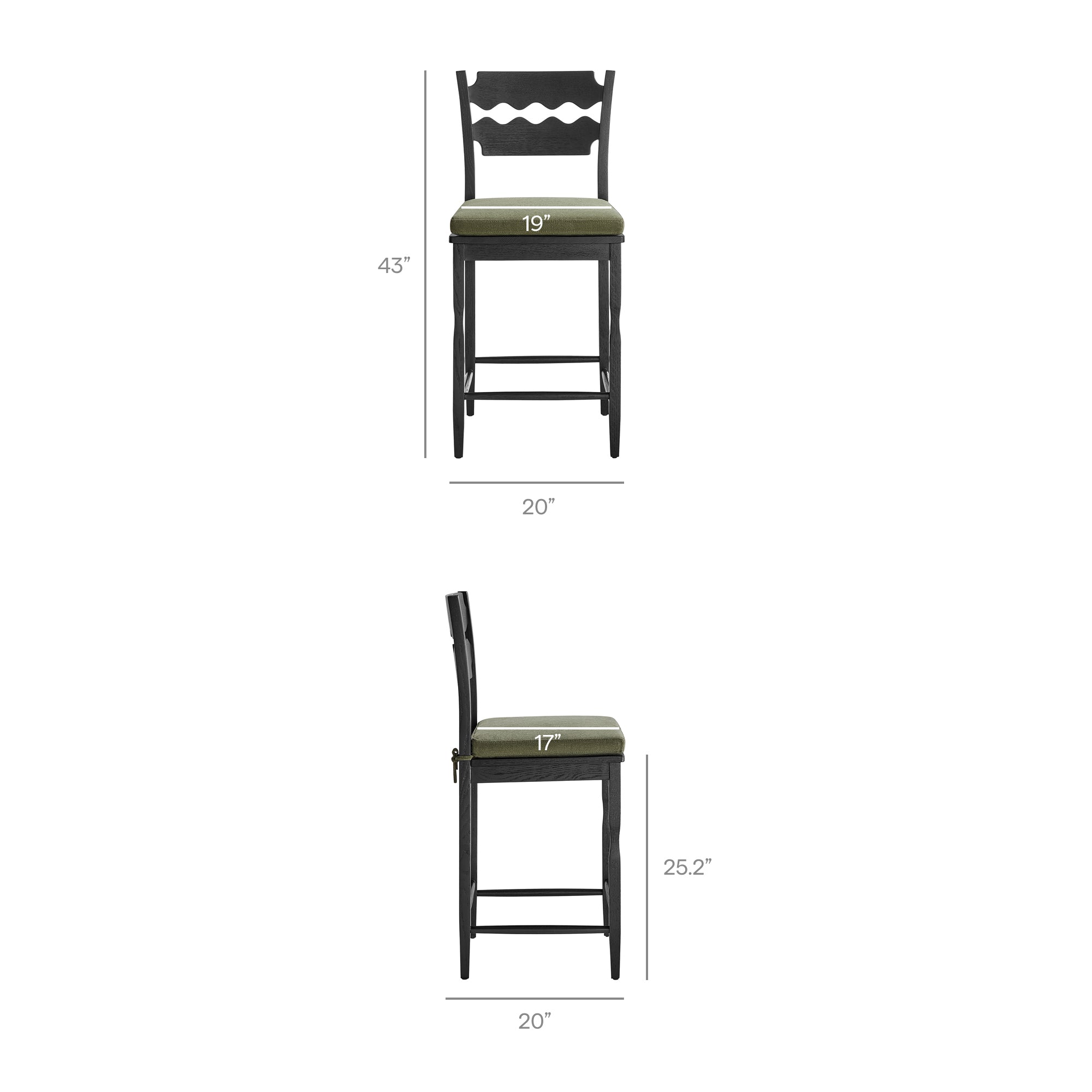 Jax Oak Wood Counter Stool With Wavy Razor Back and Cushion, Black Sage