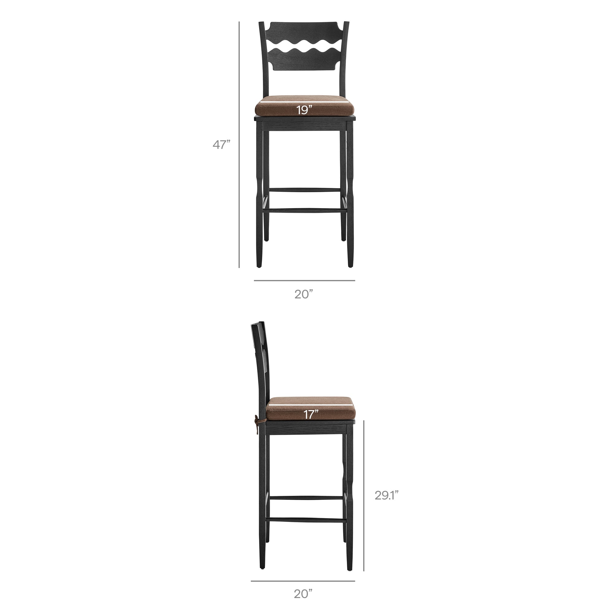 Jax Oak Wood Bar Stool With Wavy Razor Back and Cushion, Black Cocoa
