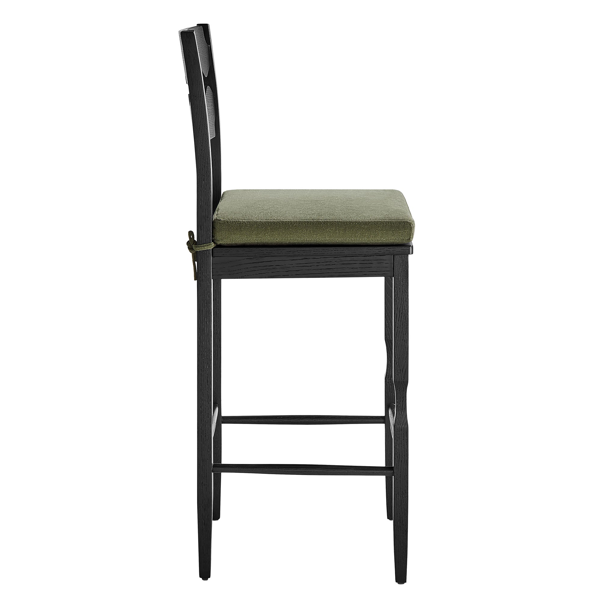 Jax Oak Wood Bar Stool With Wavy Razor Back and Cushion, Black Sage
