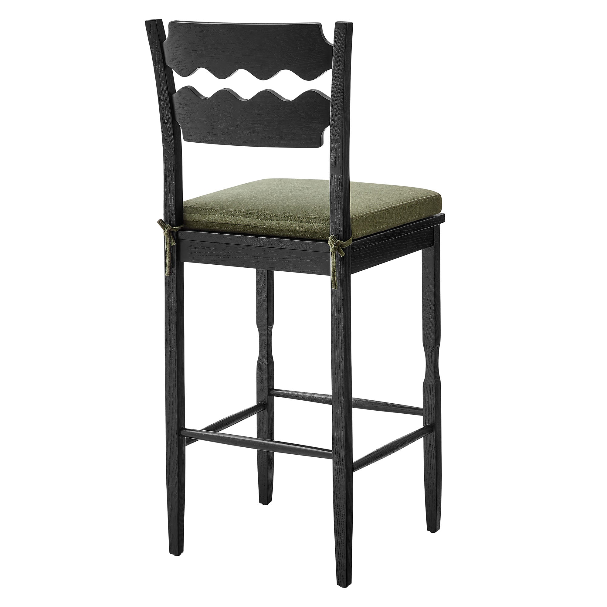 Jax Oak Wood Bar Stool With Wavy Razor Back and Cushion, Black Sage