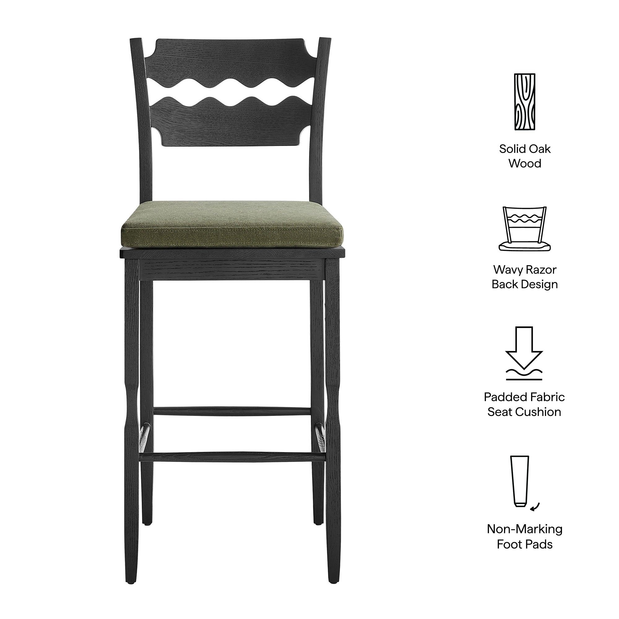 Jax Oak Wood Bar Stool With Wavy Razor Back and Cushion, Black Sage