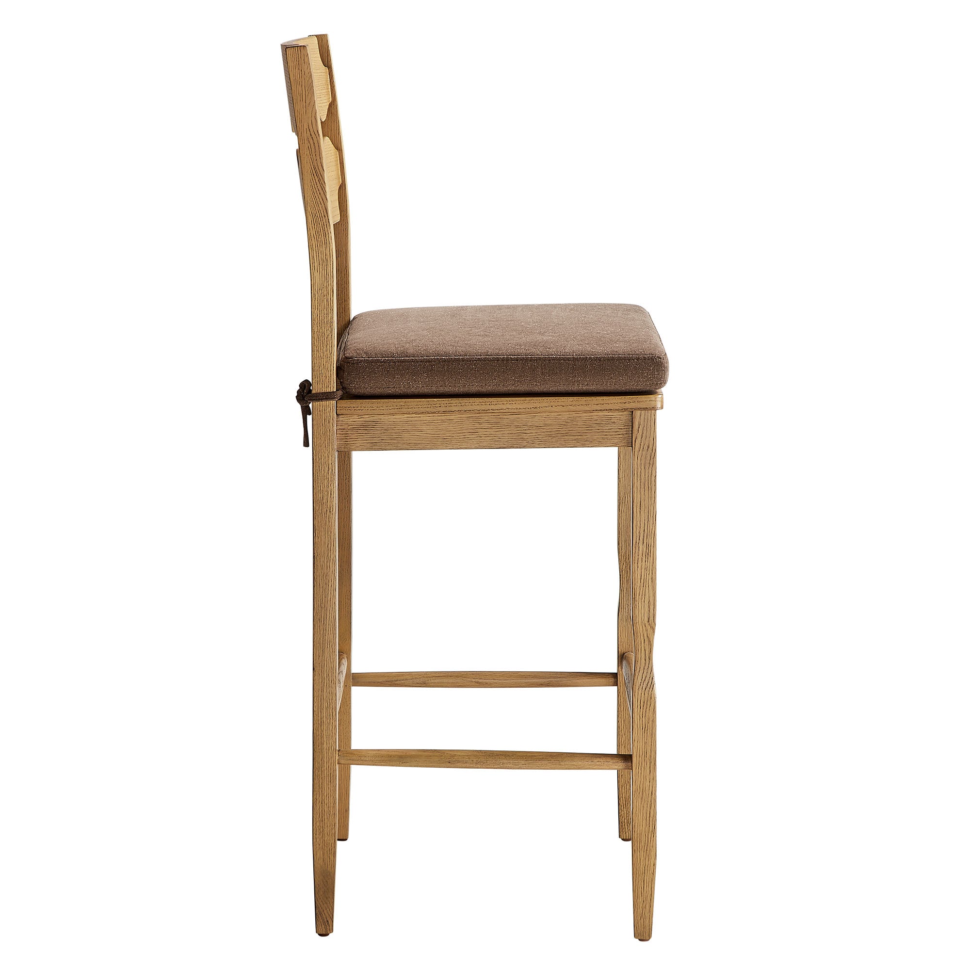 Jax Oak Wood Bar Stool With Wavy Razor Back and Cushion, Weathered Oak Cocoa