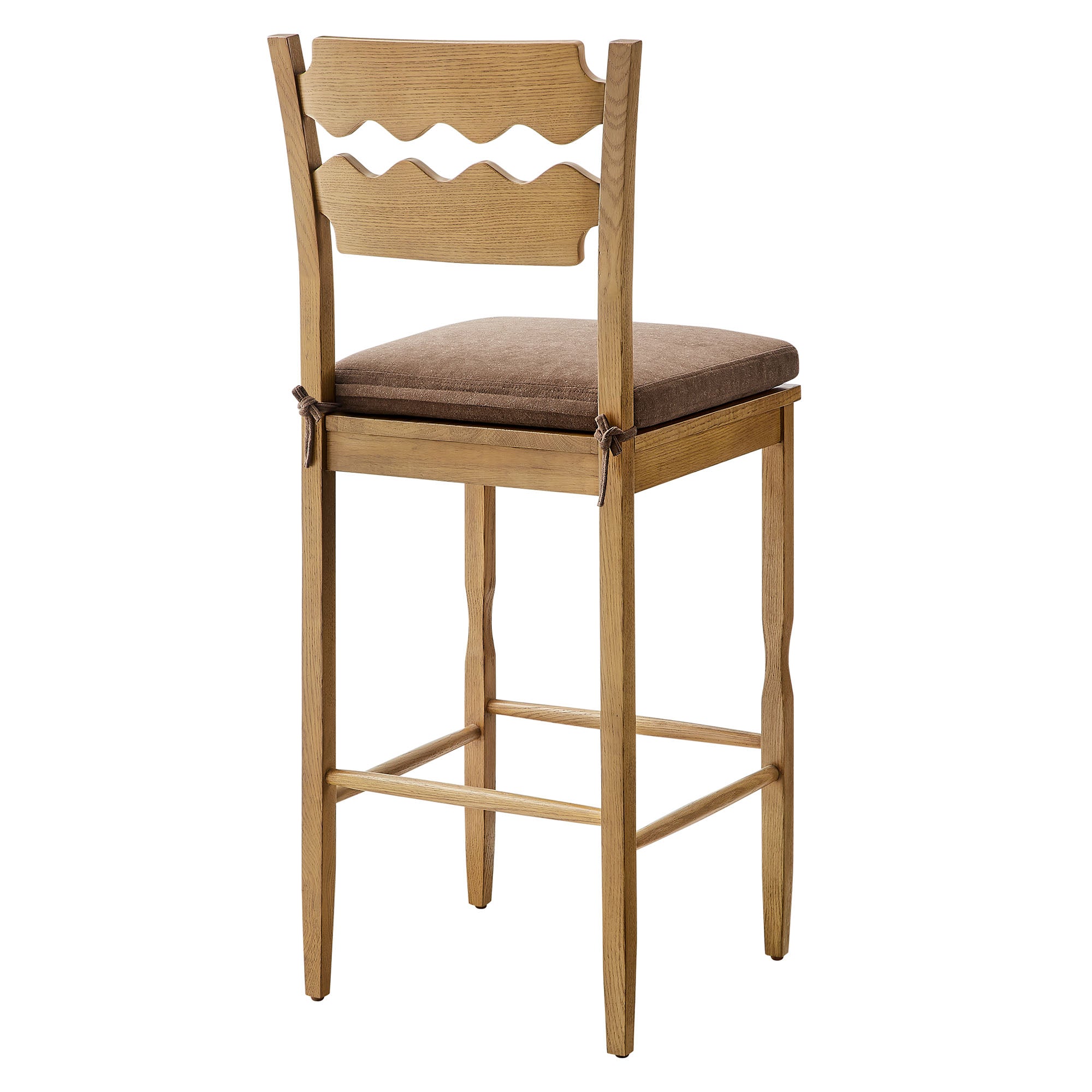 Jax Oak Wood Bar Stool With Wavy Razor Back and Cushion, Weathered Oak Cocoa