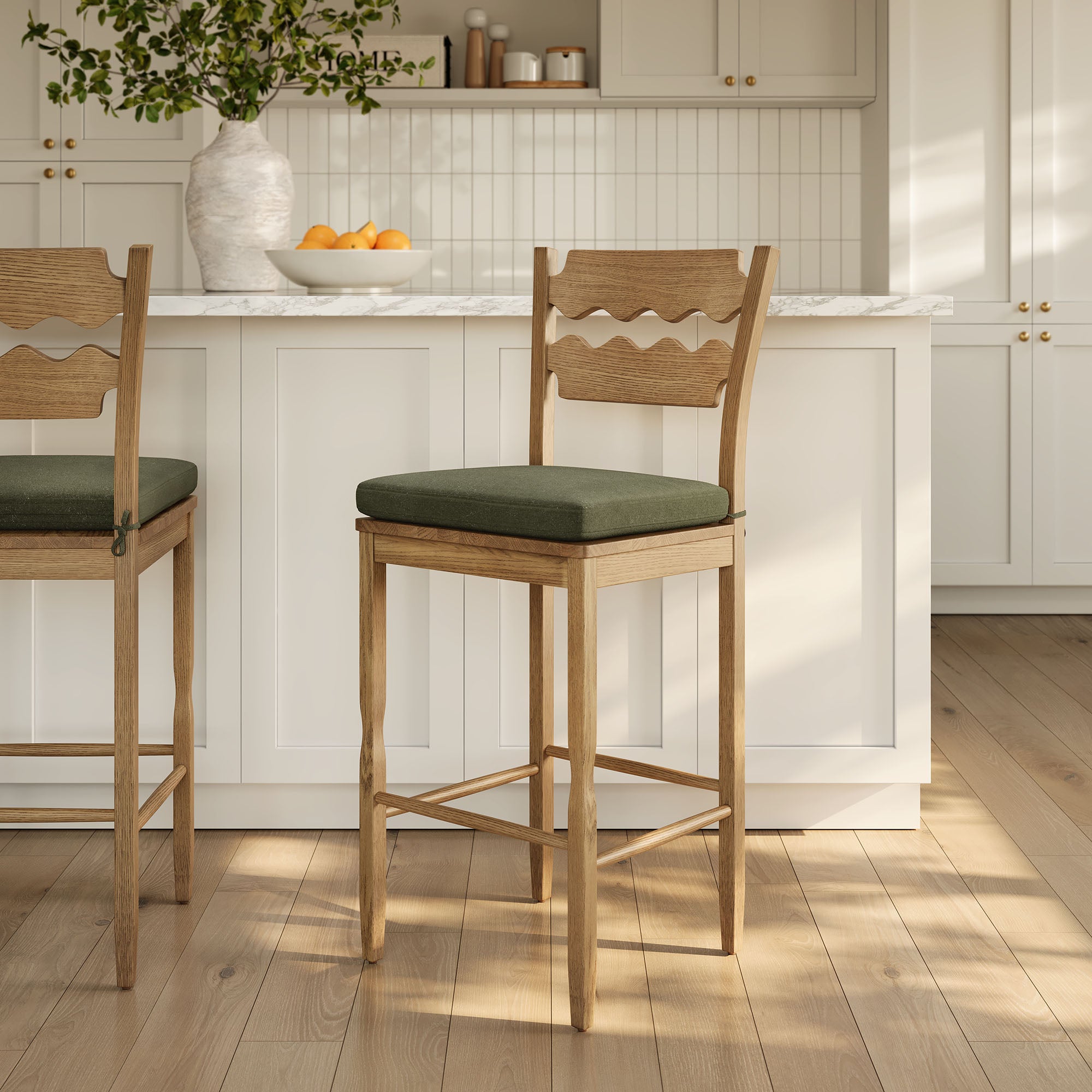 Jax Oak Wood Bar Stool With Wavy Razor Back and Cushion, Weathered Oak Sage