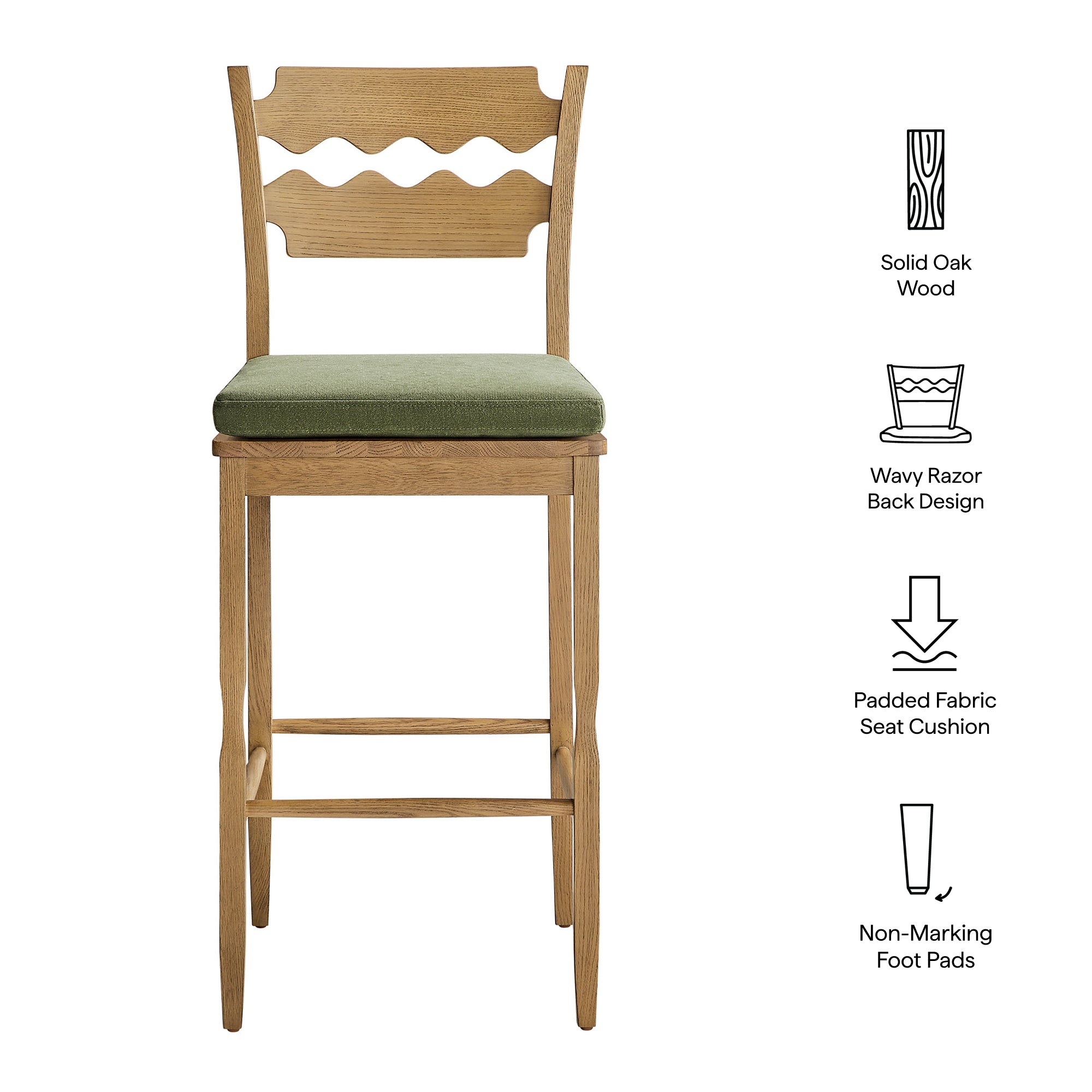 Jax Oak Wood Bar Stool With Wavy Razor Back and Cushion, Weathered Oak Sage