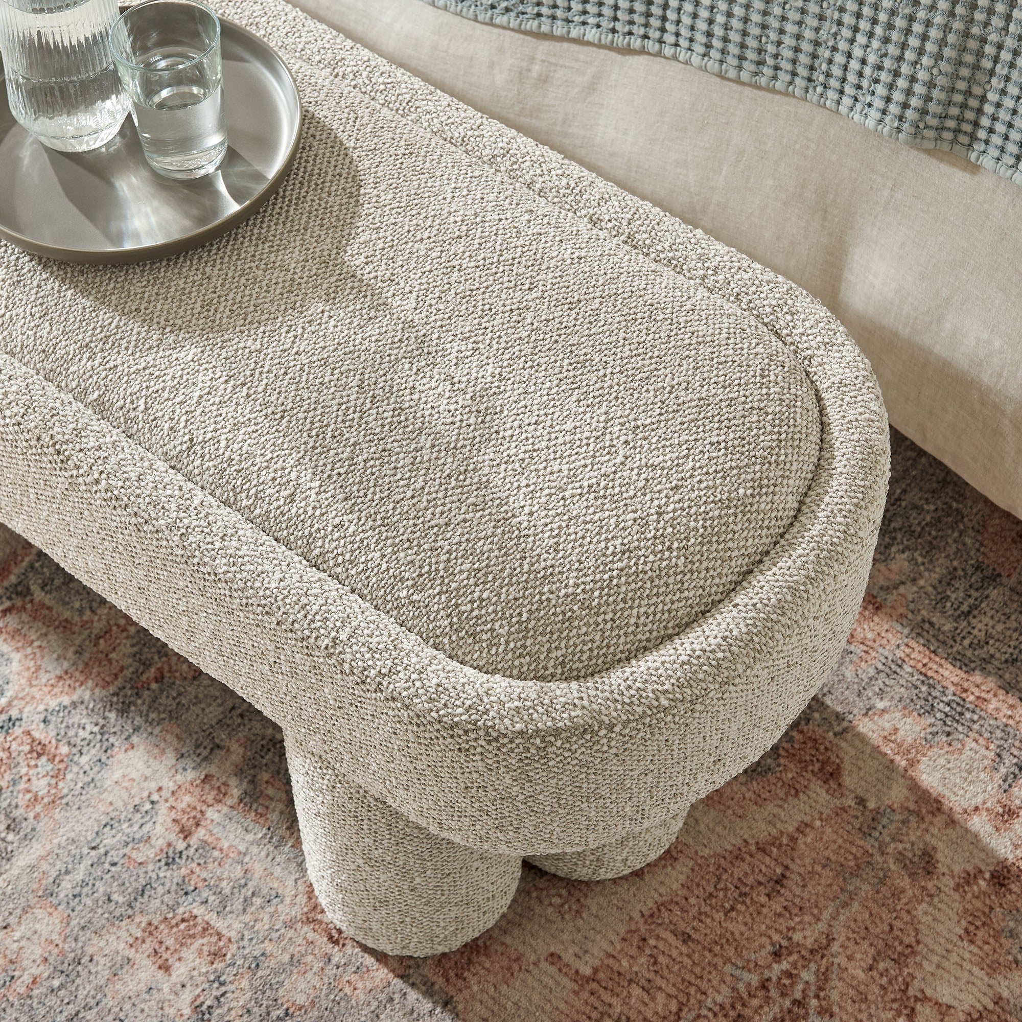 Mossi 52-Inch Oval Boucle Fabric Bench, Marble