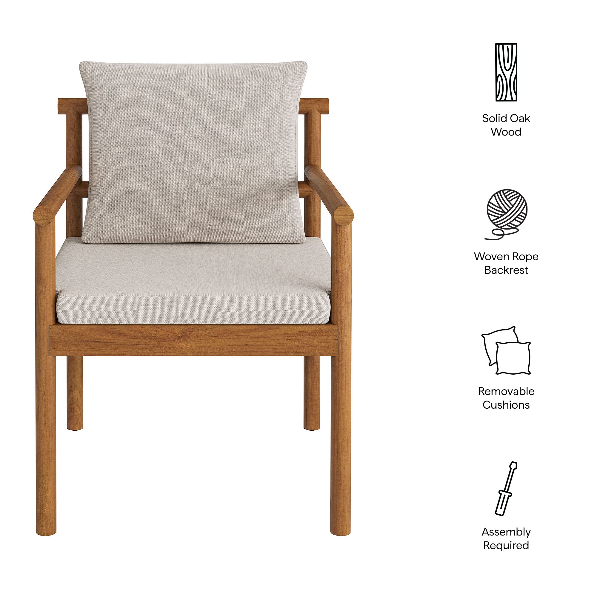 Eleni Outdoor Patio Teak Wood Rope Dining Chair, Natural Sail
