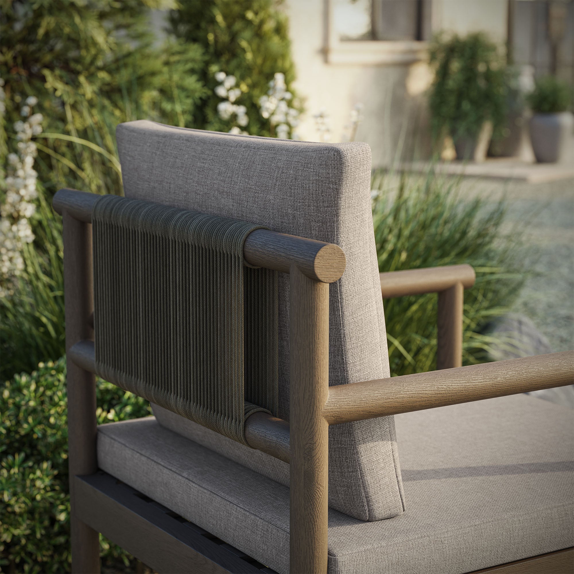 Eleni Outdoor Patio Teak Wood Rope Dining Chair, Weathered Gray Pebble