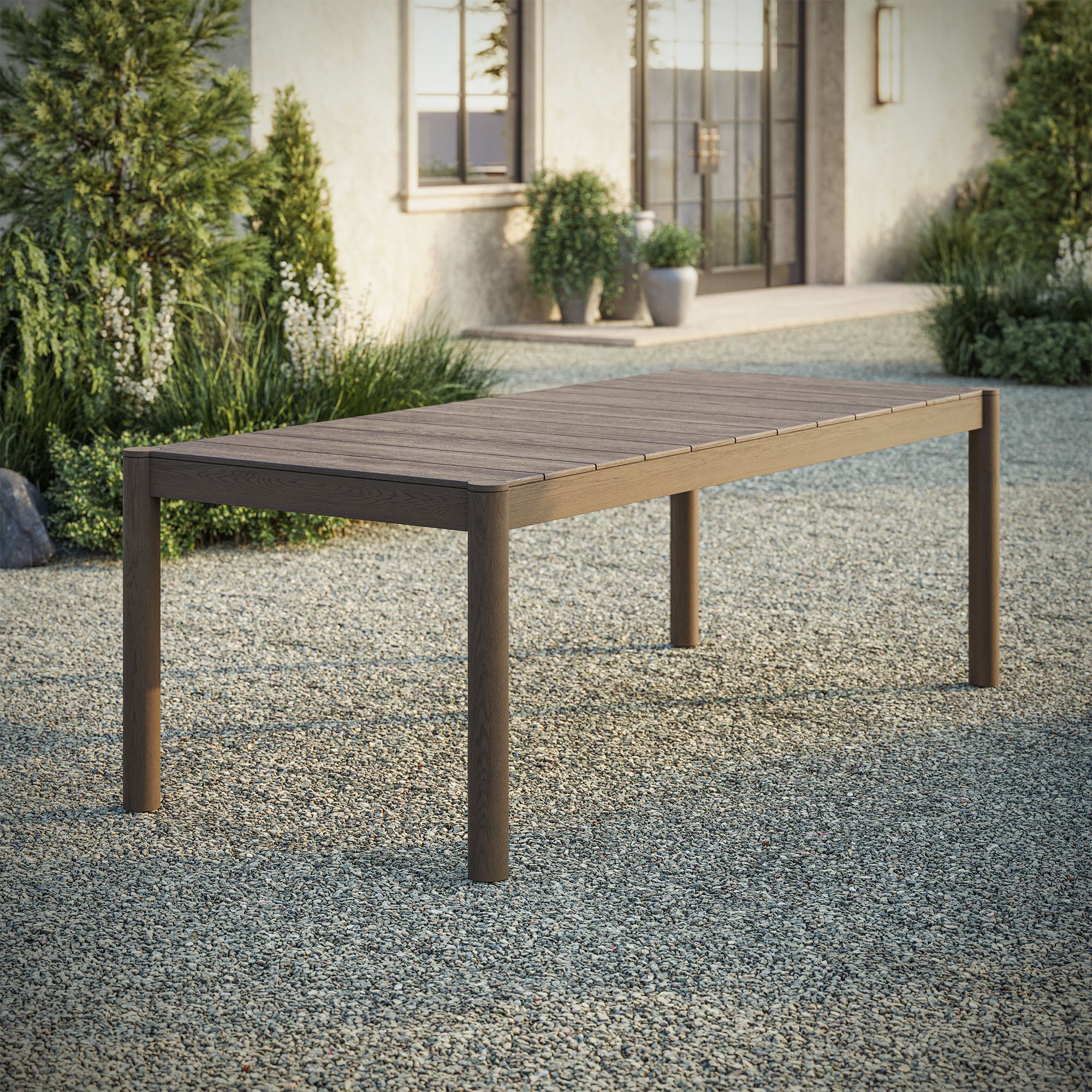 Eleni 89-Inch Outdoor Patio Teak Wood Dining Table, Weathered Gray