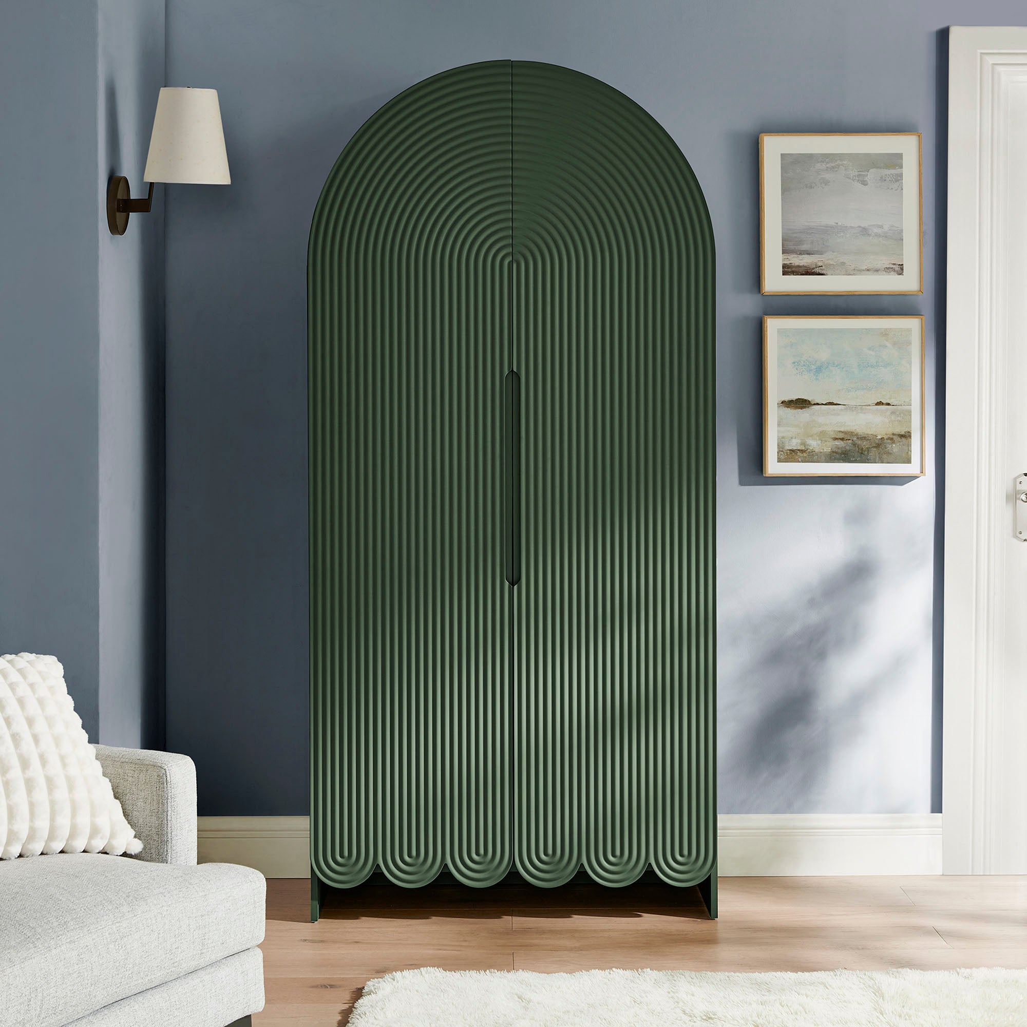 Dahlia 78 Inch Fluted and Scalloped Arched Storage Cabinet, Hunter Green