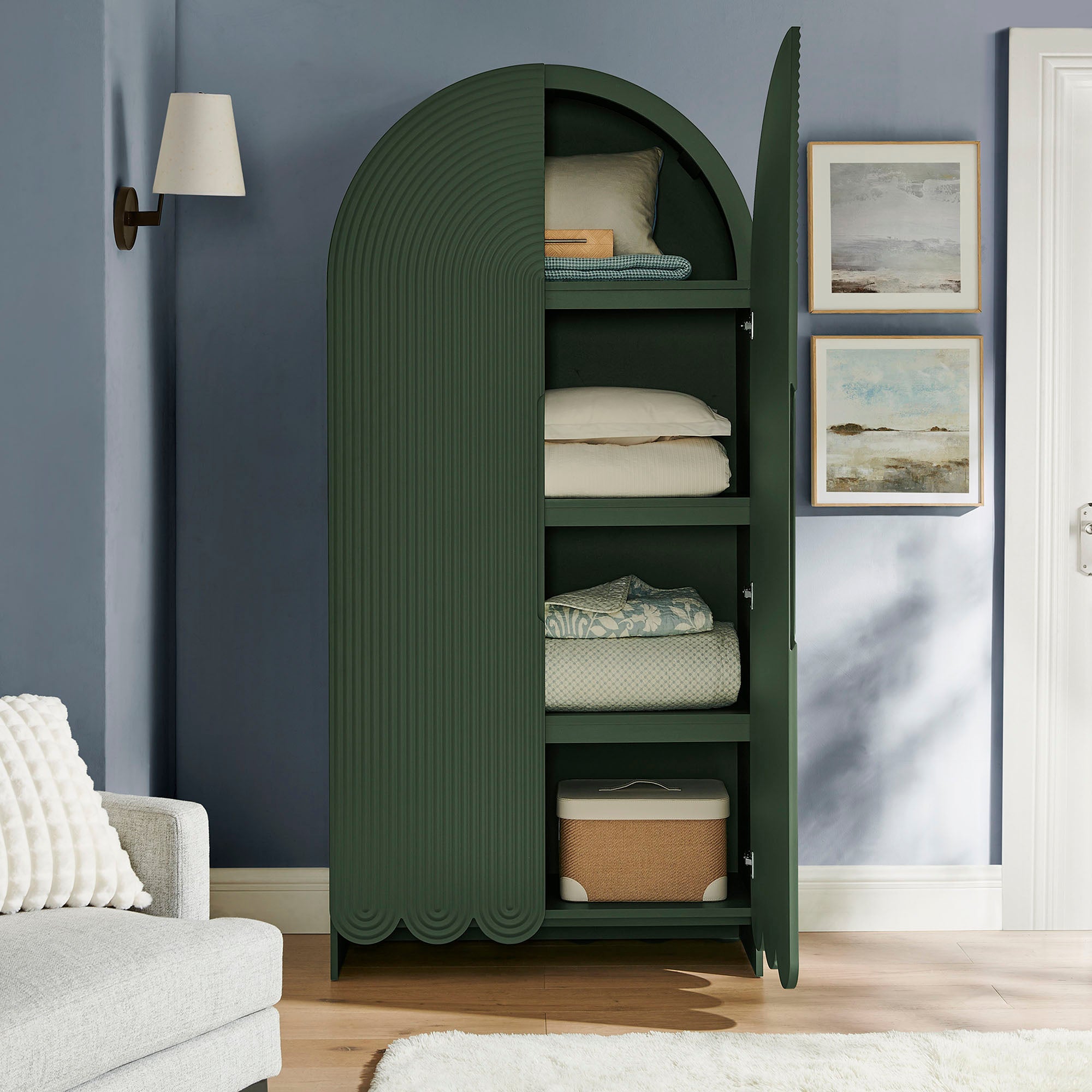Dahlia 78 Inch Fluted and Scalloped Arched Storage Cabinet, Hunter Green