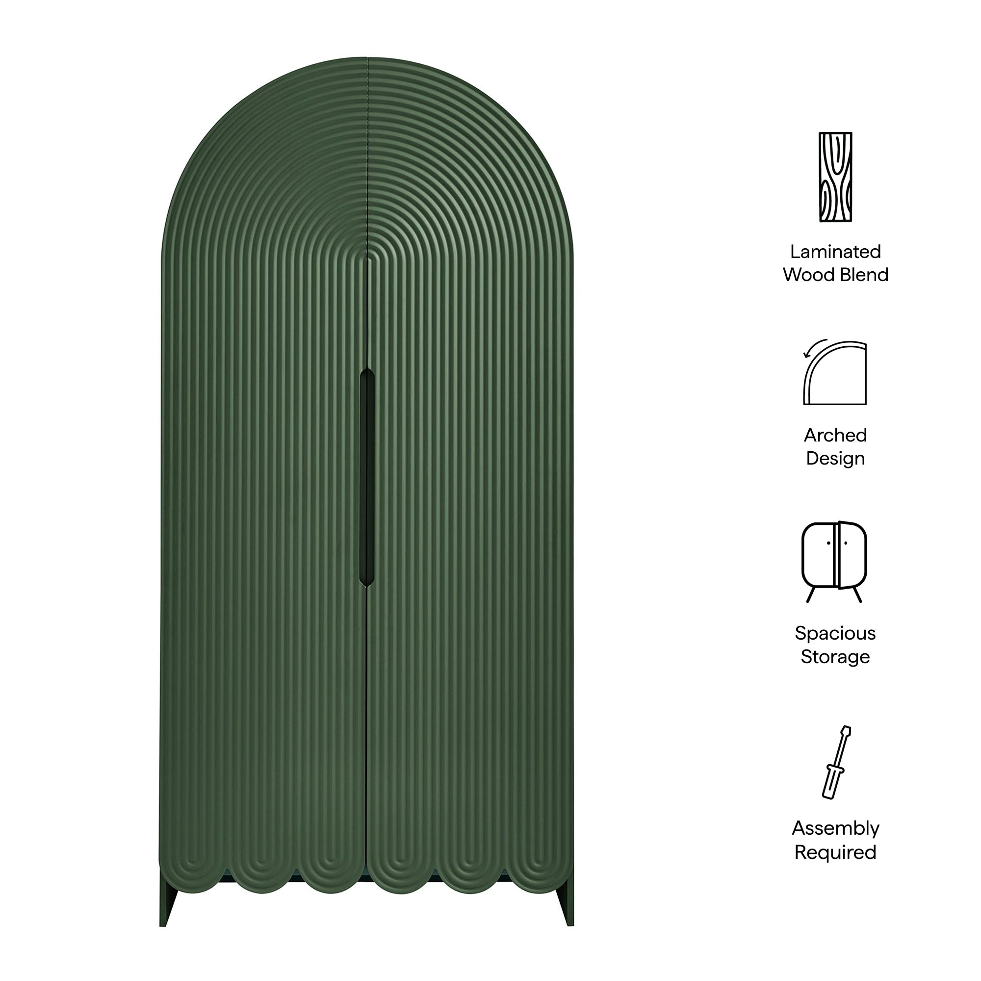 Dahlia 78 Inch Fluted and Scalloped Arched Storage Cabinet, Hunter Green