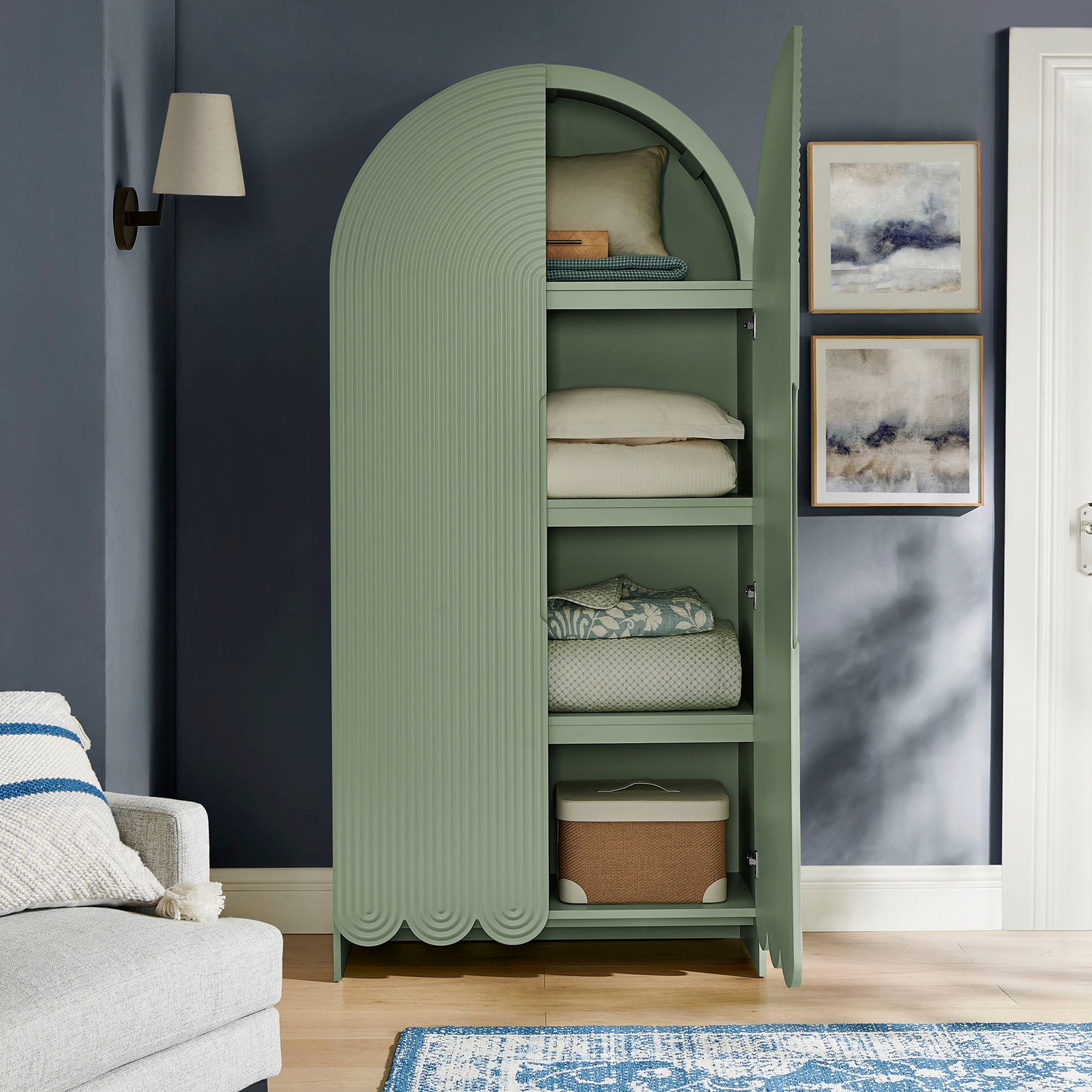 Dahlia 78 Inch Fluted and Scalloped Arched Storage Cabinet, Sage
