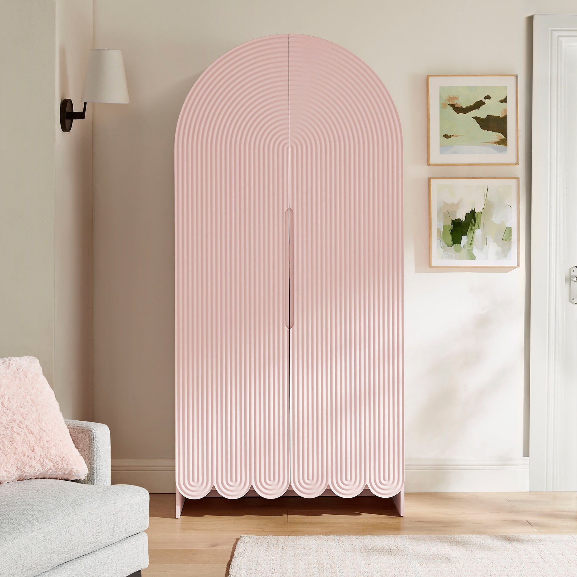 Dahlia 78 Inch Fluted and Scalloped Arched Storage Cabinet, Soft Pink