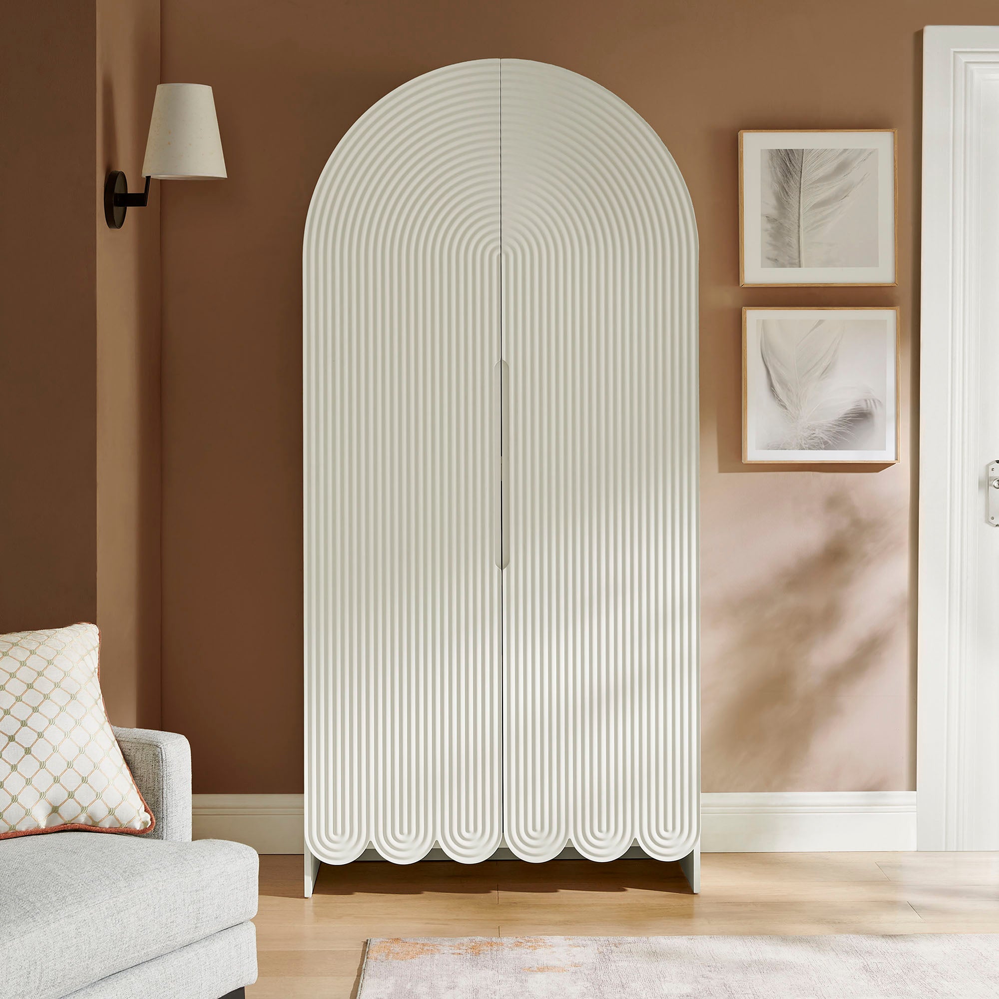 Dahlia 78 Inch Fluted and Scalloped Arched Storage Cabinet, White