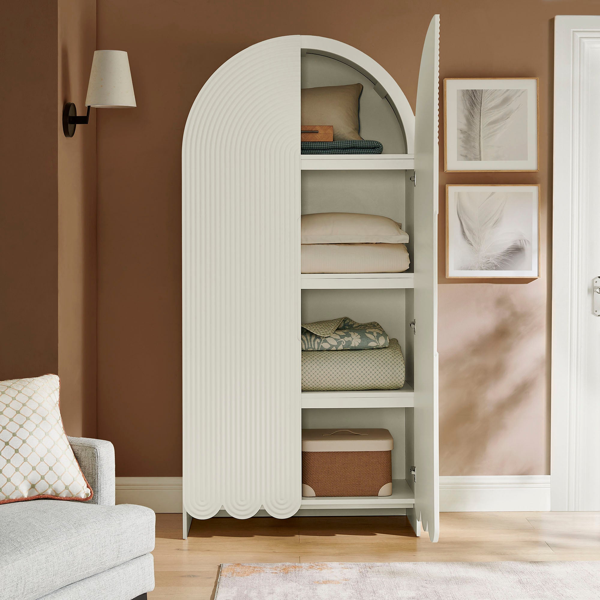 Dahlia 78 Inch Fluted and Scalloped Arched Storage Cabinet, White