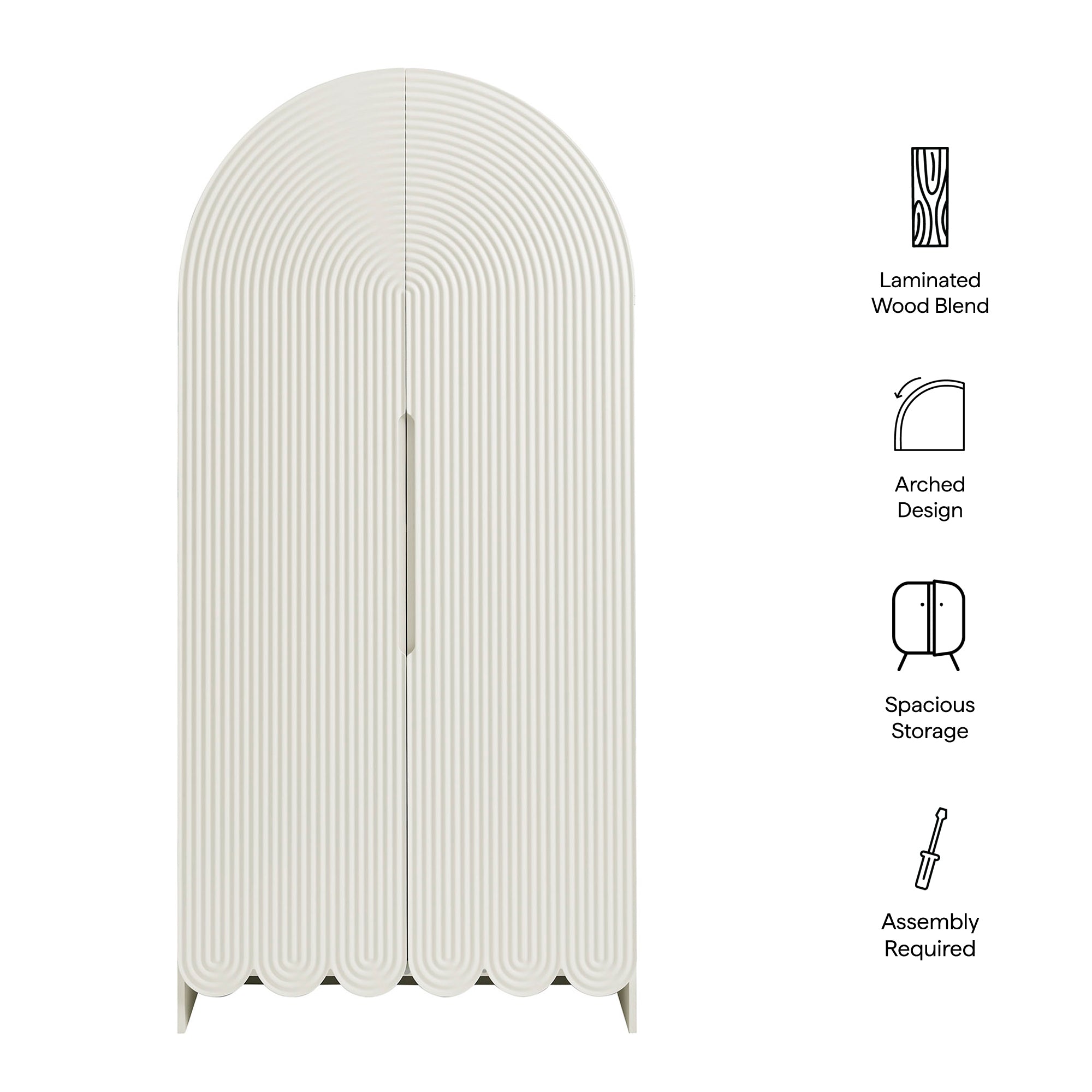 Dahlia 78 Inch Fluted and Scalloped Arched Storage Cabinet, White