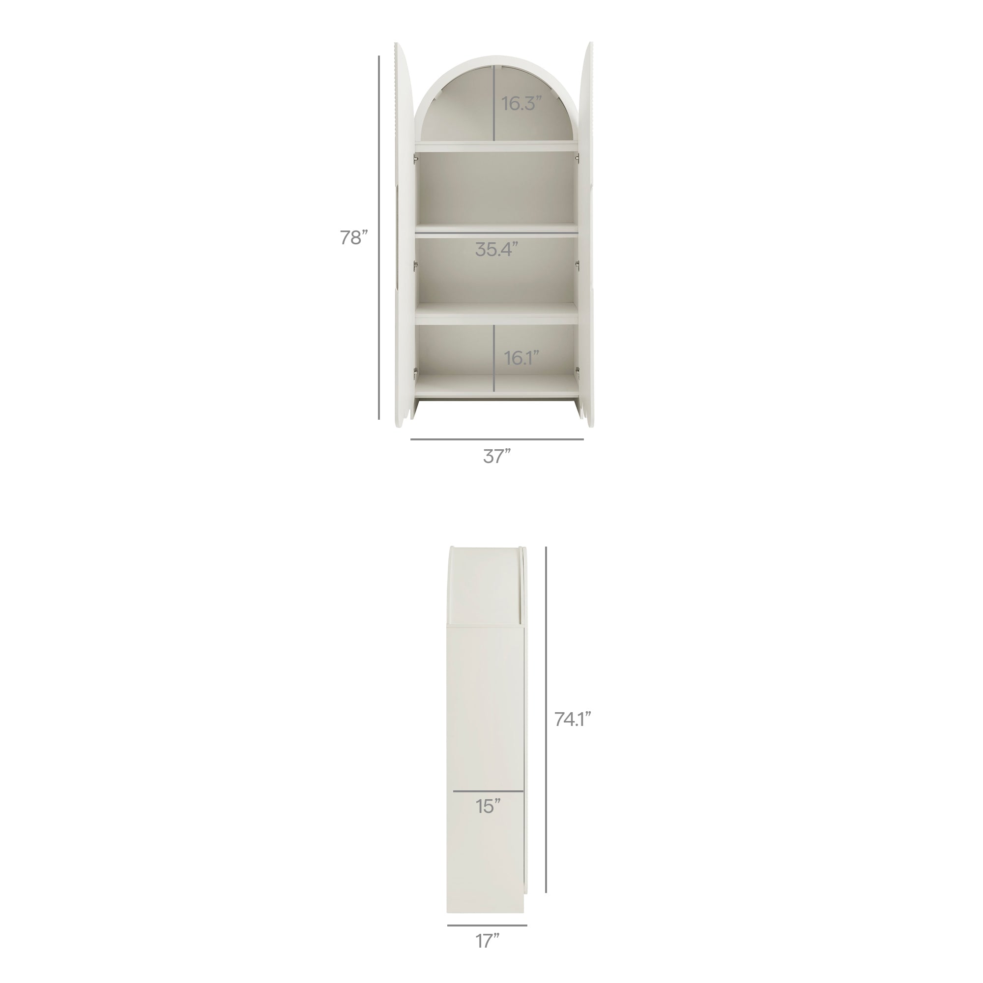 Dahlia 78 Inch Fluted and Scalloped Arched Storage Cabinet, White