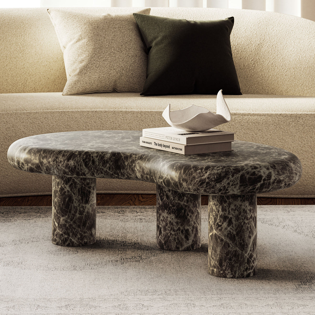 Elowen Outdoor Patio Faux Marble Coffee Table, Dark Emperador Marble