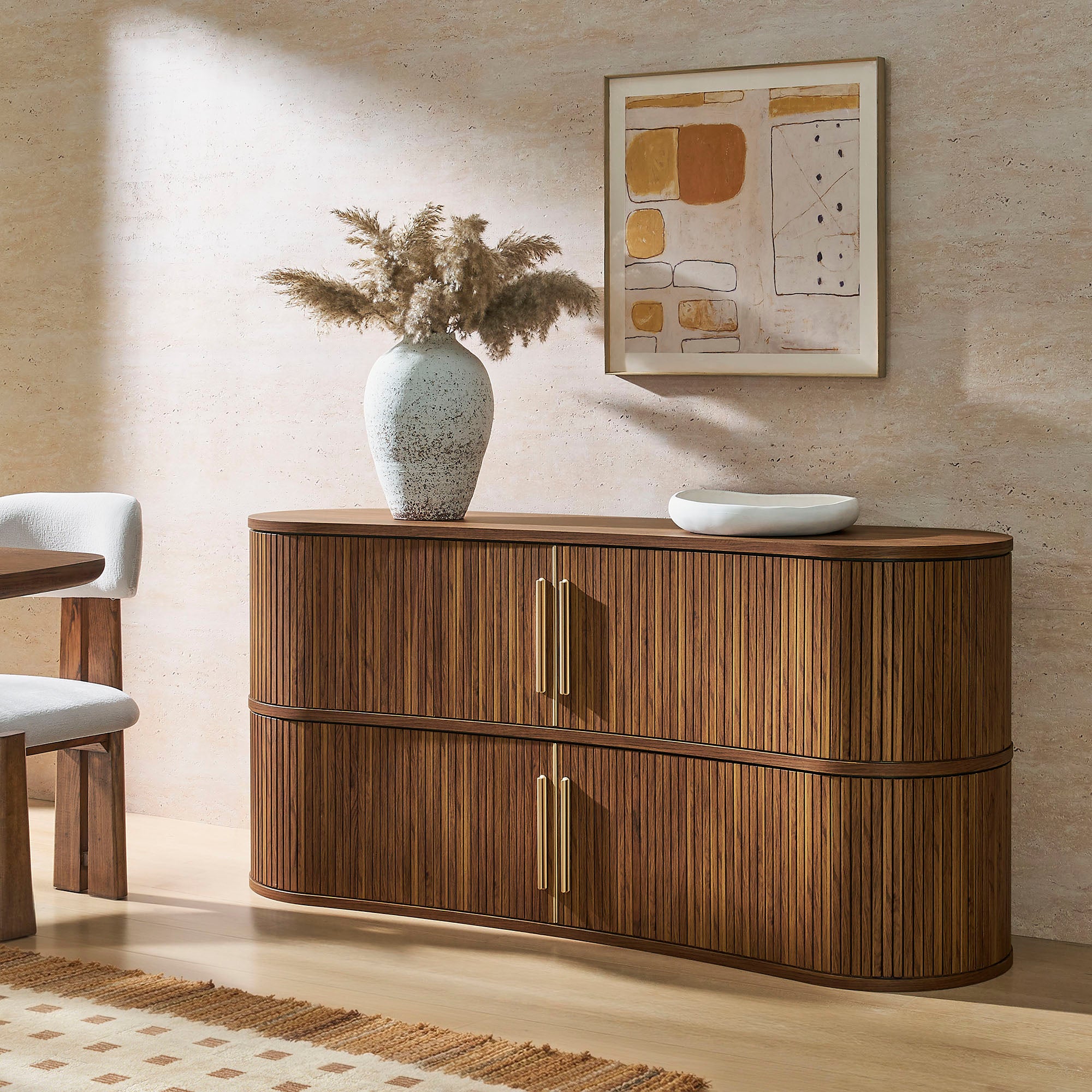 Radcliffe 63" Curved Fluted Sideboard Buffet Cabinet, Walnut