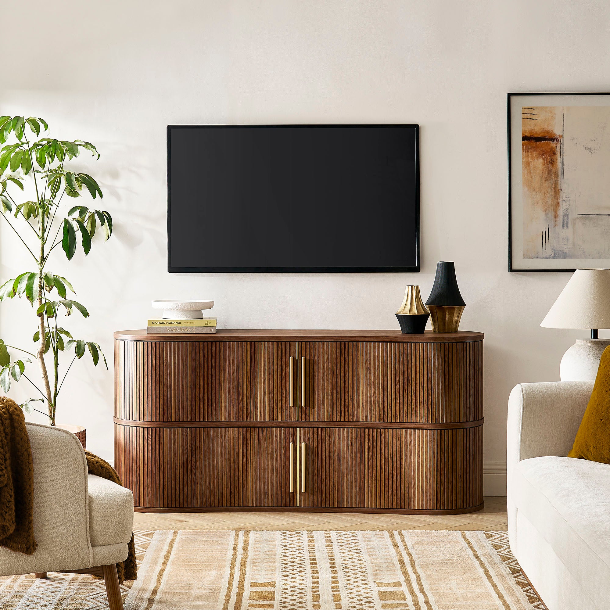 Radcliffe 63" Curved Fluted Sideboard Buffet Cabinet, Walnut
