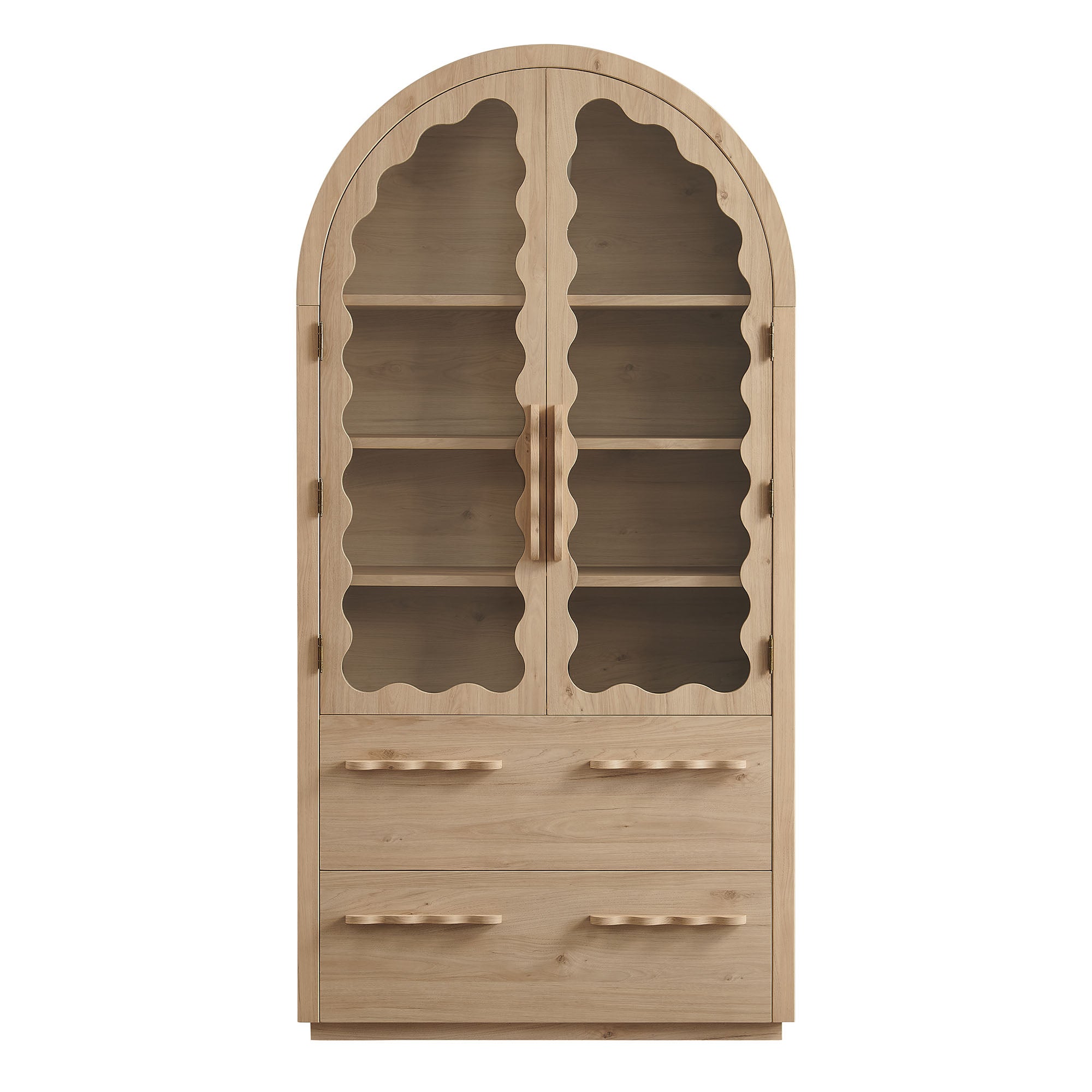 Rory 76 Inch Arched Kitchen Pantry Display Cabinet, Light Oak