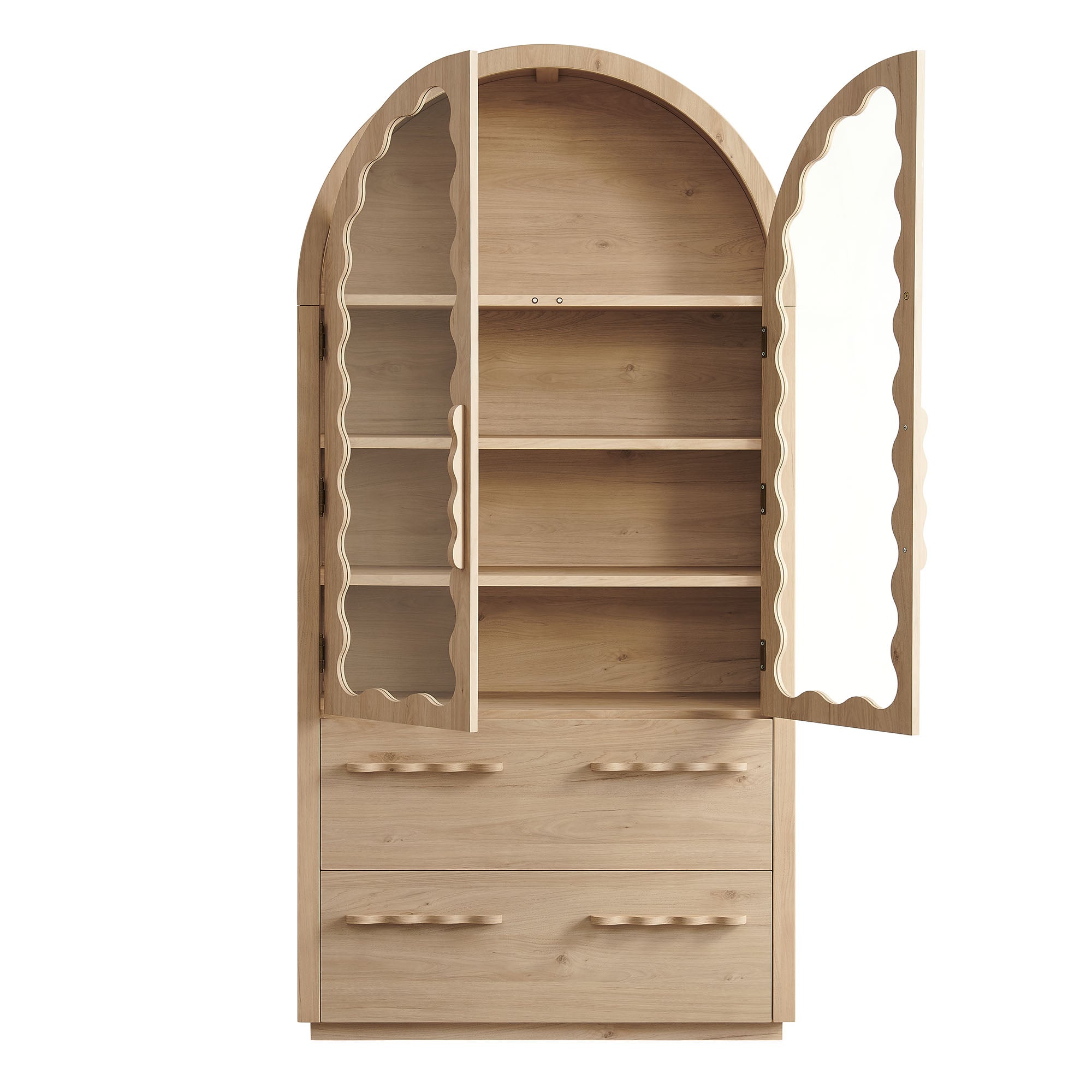 Rory 76 Inch Arched Kitchen Pantry Display Cabinet, Light Oak