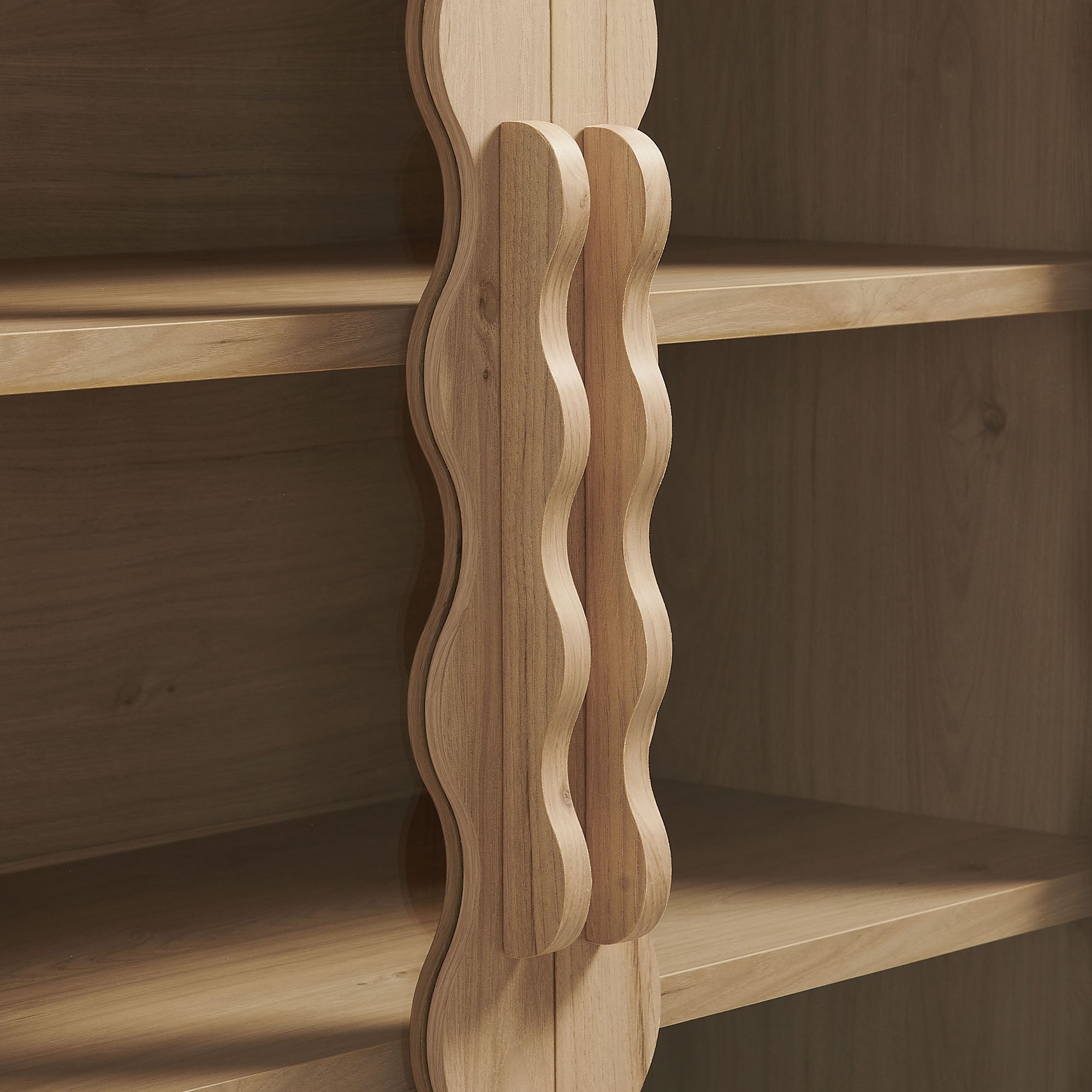 Rory 76 Inch Arched Kitchen Pantry Display Cabinet, Light Oak