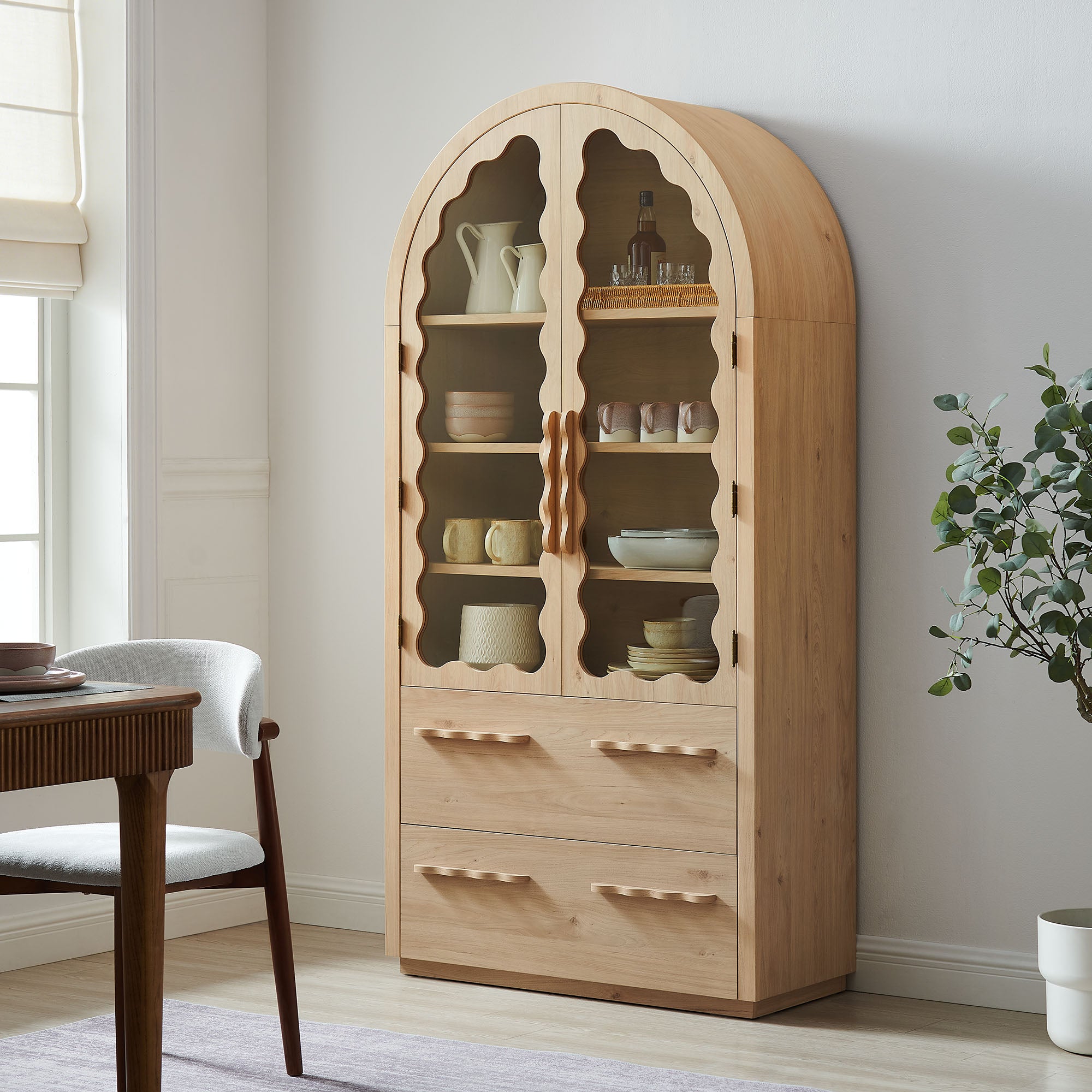 Rory 76 Inch Arched Kitchen Pantry Display Cabinet, Light Oak
