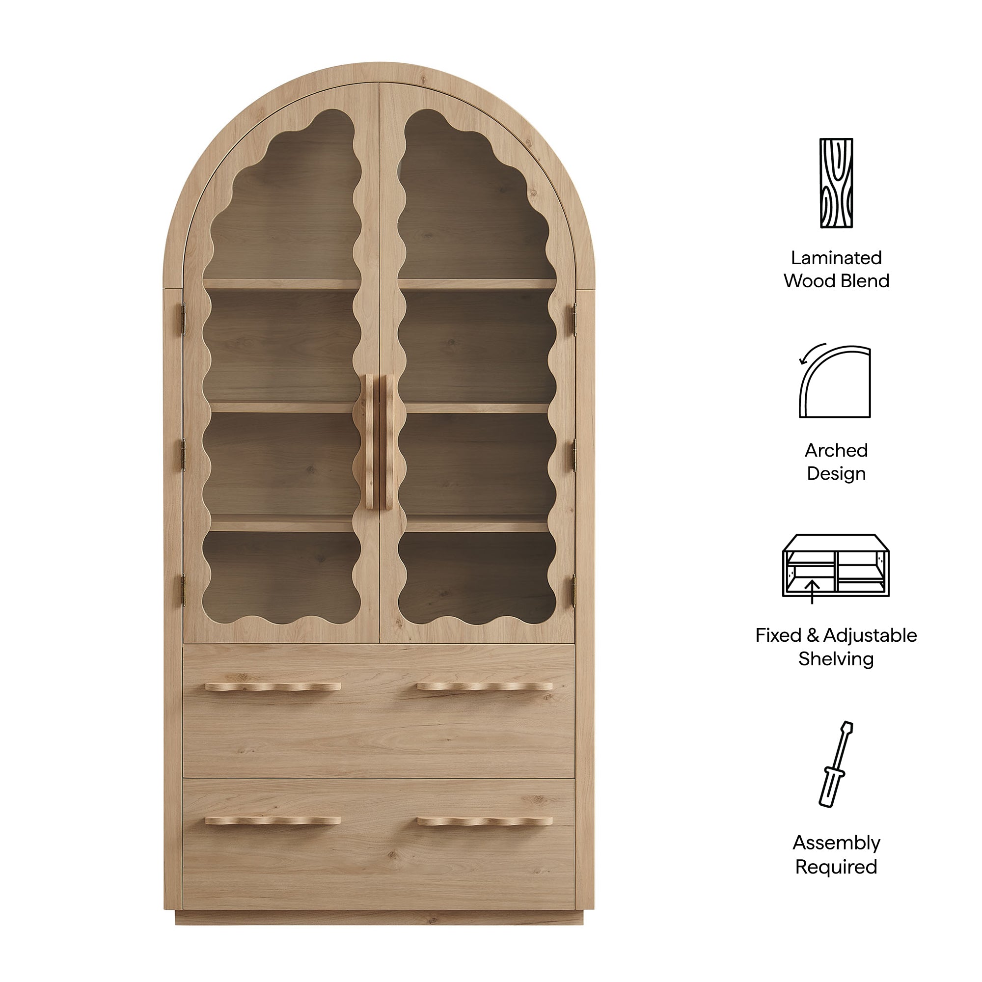 Rory 76 Inch Arched Kitchen Pantry Display Cabinet, Light Oak
