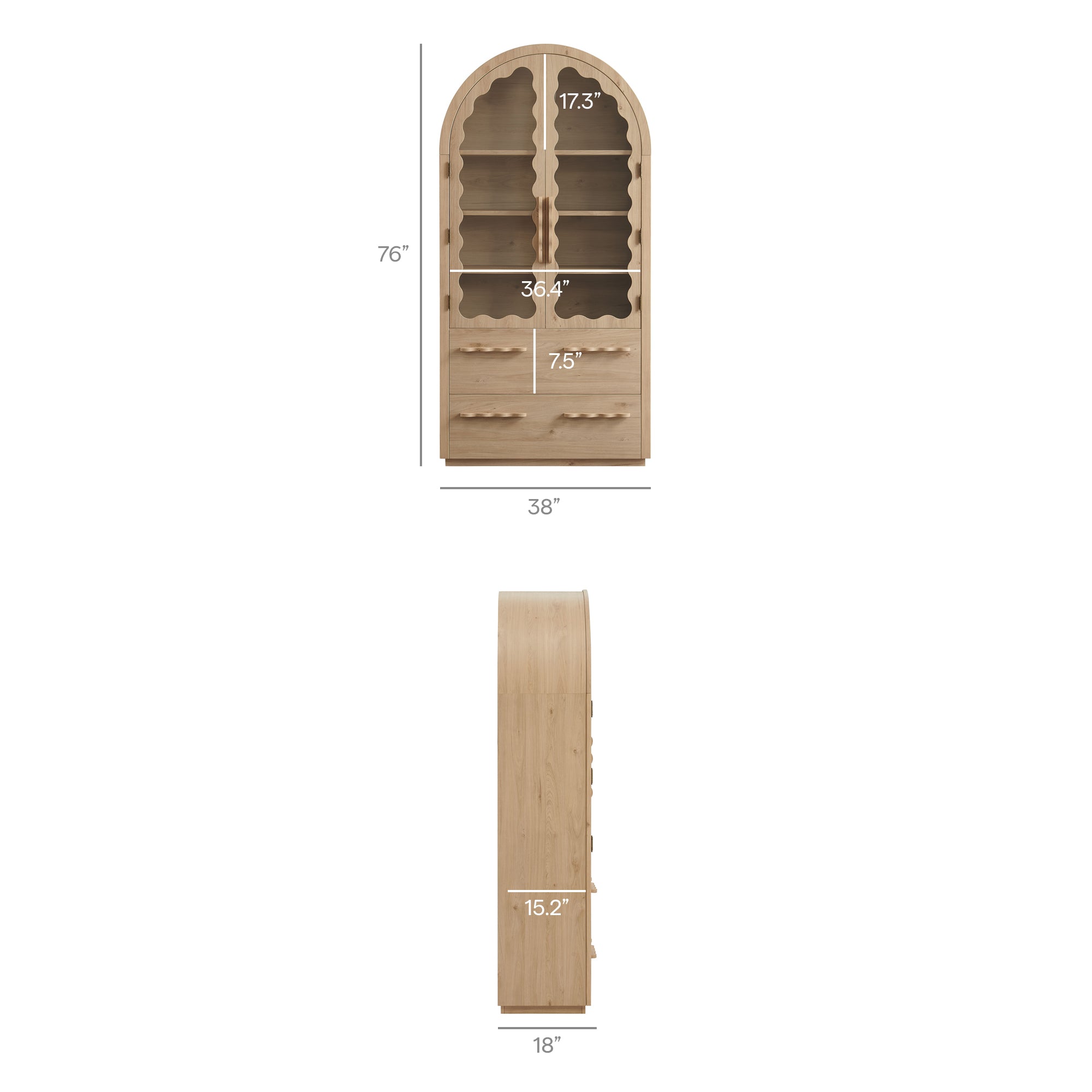 Rory 76 Inch Arched Kitchen Pantry Display Cabinet, Light Oak