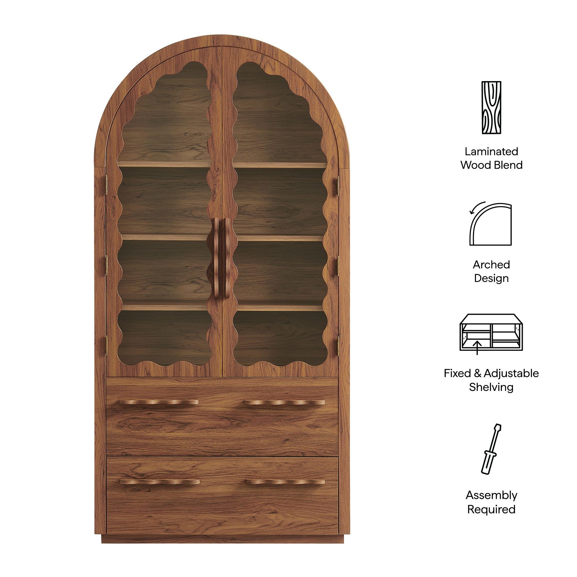 Rory 76 Inch Arched Kitchen Pantry Display Cabinet, Walnut