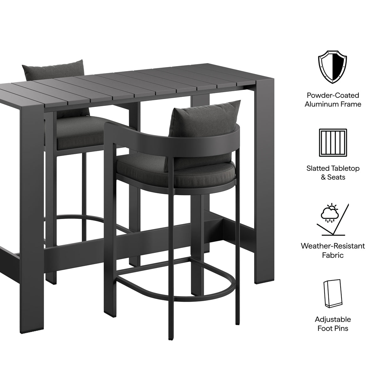 Tahoe 3-Piece Outdoor Patio Aluminum Bar Table Set, Charcoal