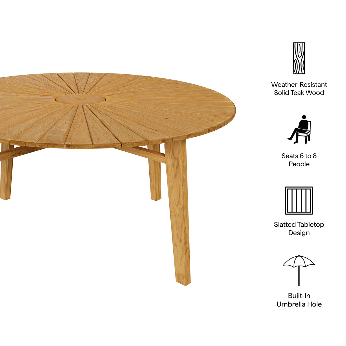 Cielo 59" Sunburst Outdoor Patio Teak Dining Table, Natural