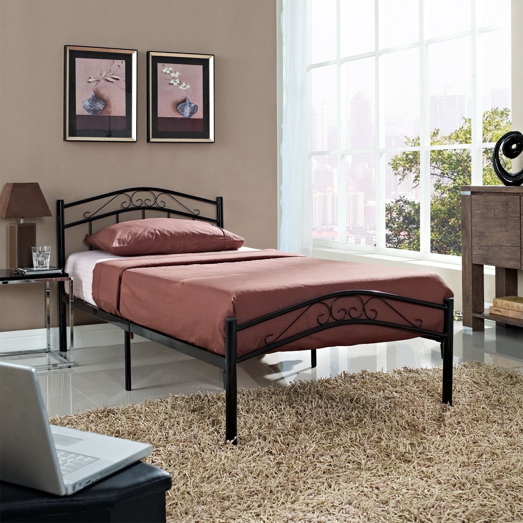 Norwyn Black Twin Metal Bed Frame Welded Construction with Arc-Shaped Headboard