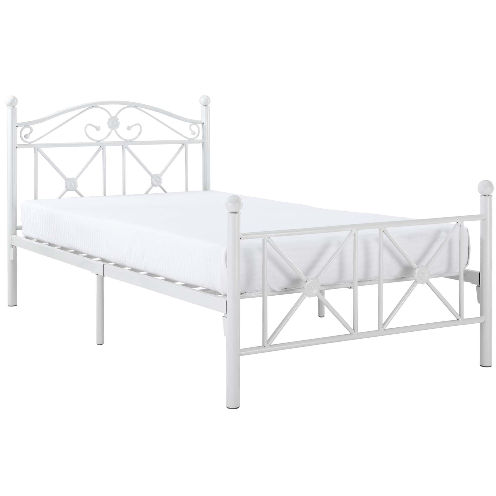Lazzaro White Twin Metal Bed Frame High Gloss Platform with Decorative Posts