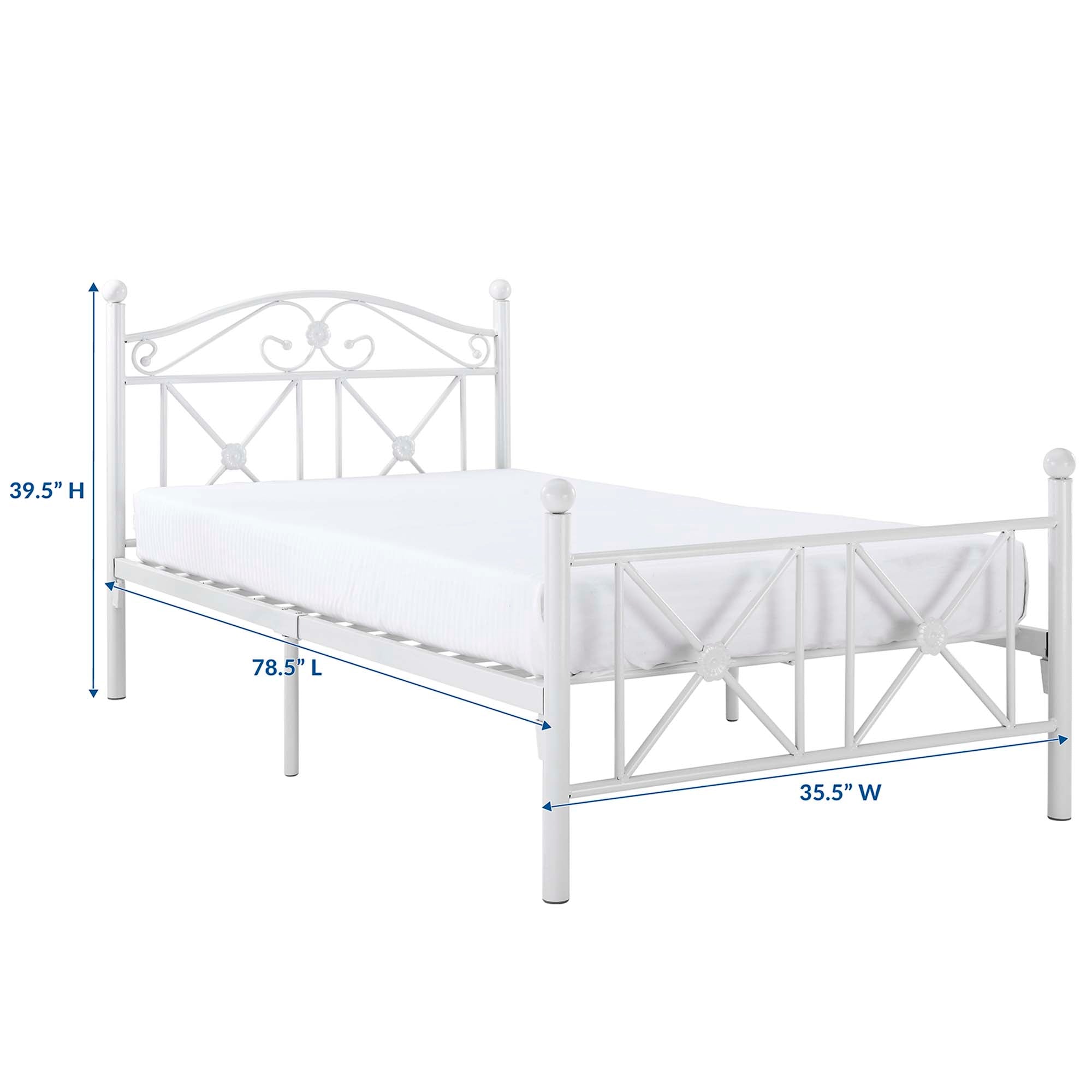 Lazzaro White Twin Metal Bed Frame High Gloss Platform with Decorative Posts