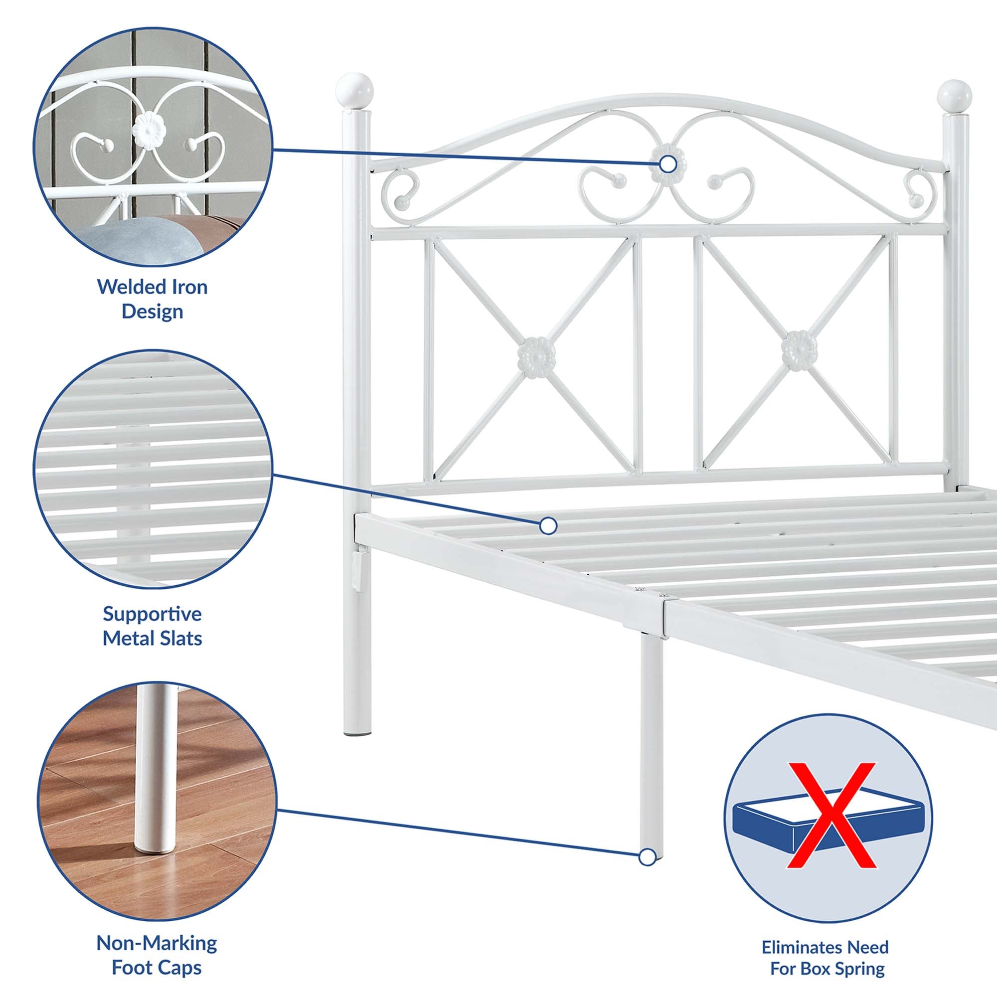 Lazzaro White Twin Metal Bed Frame High Gloss Platform with Decorative Posts