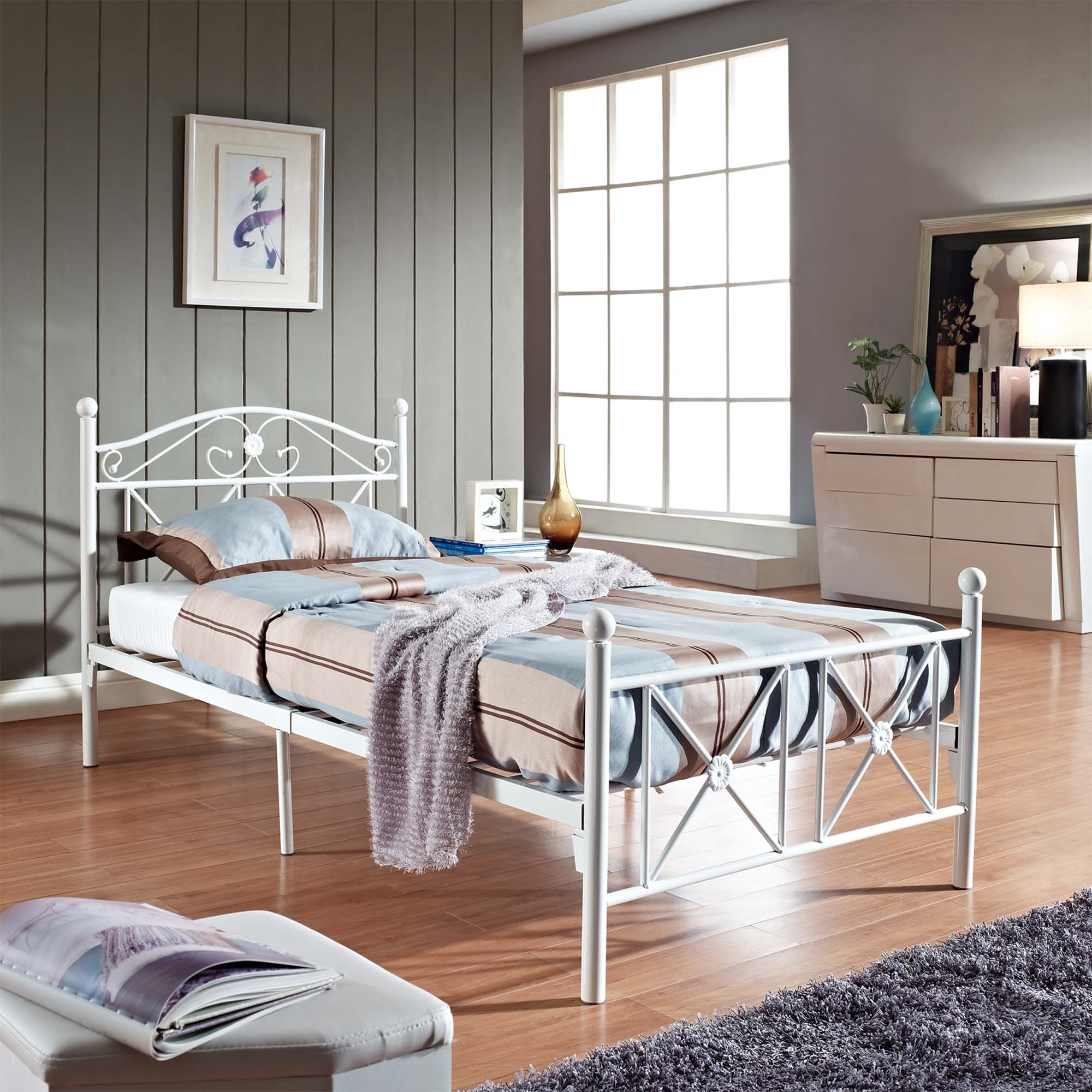 Lazzaro White Twin Metal Bed Frame – High Gloss Platform with Decorative Posts