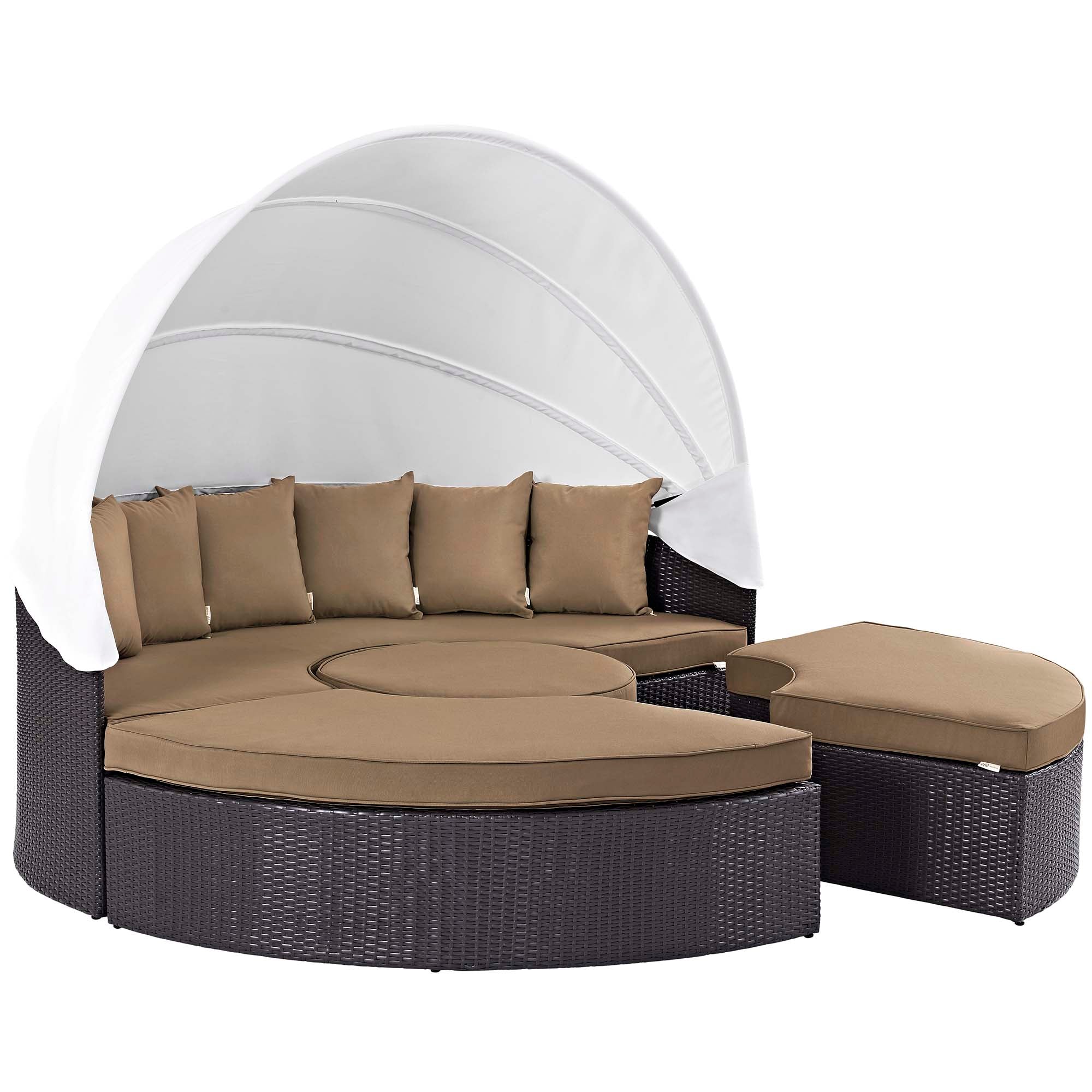 Quest Outdoor Patio Wicker Rattan Canopy Sectional Daybed, Espresso Mocha
