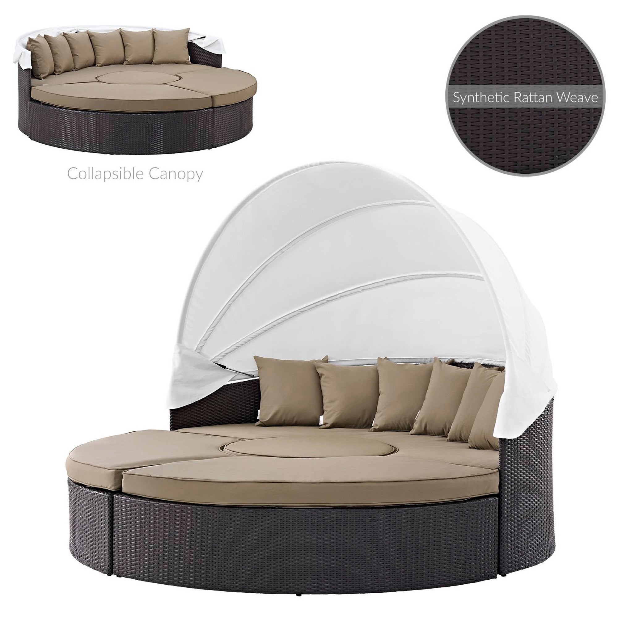 Quest Outdoor Patio Wicker Rattan Canopy Sectional Daybed, Espresso Mocha
